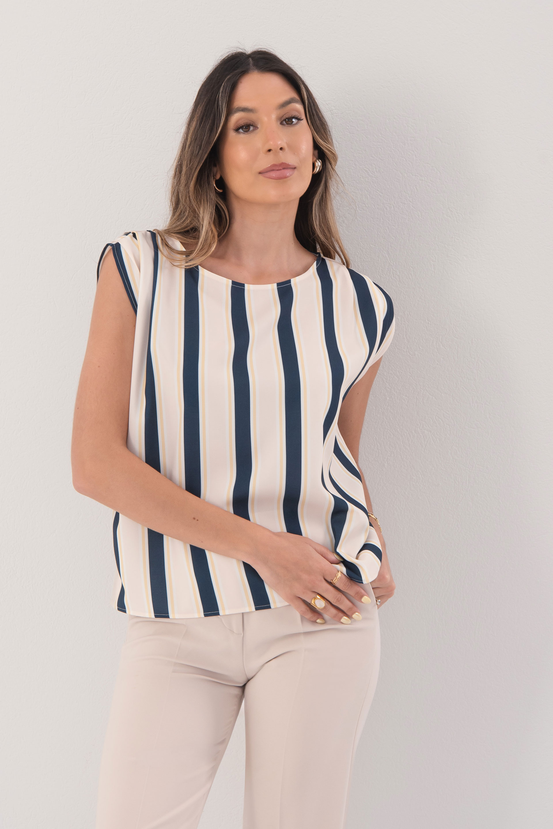 Striped tunic with shoulder pleat detail