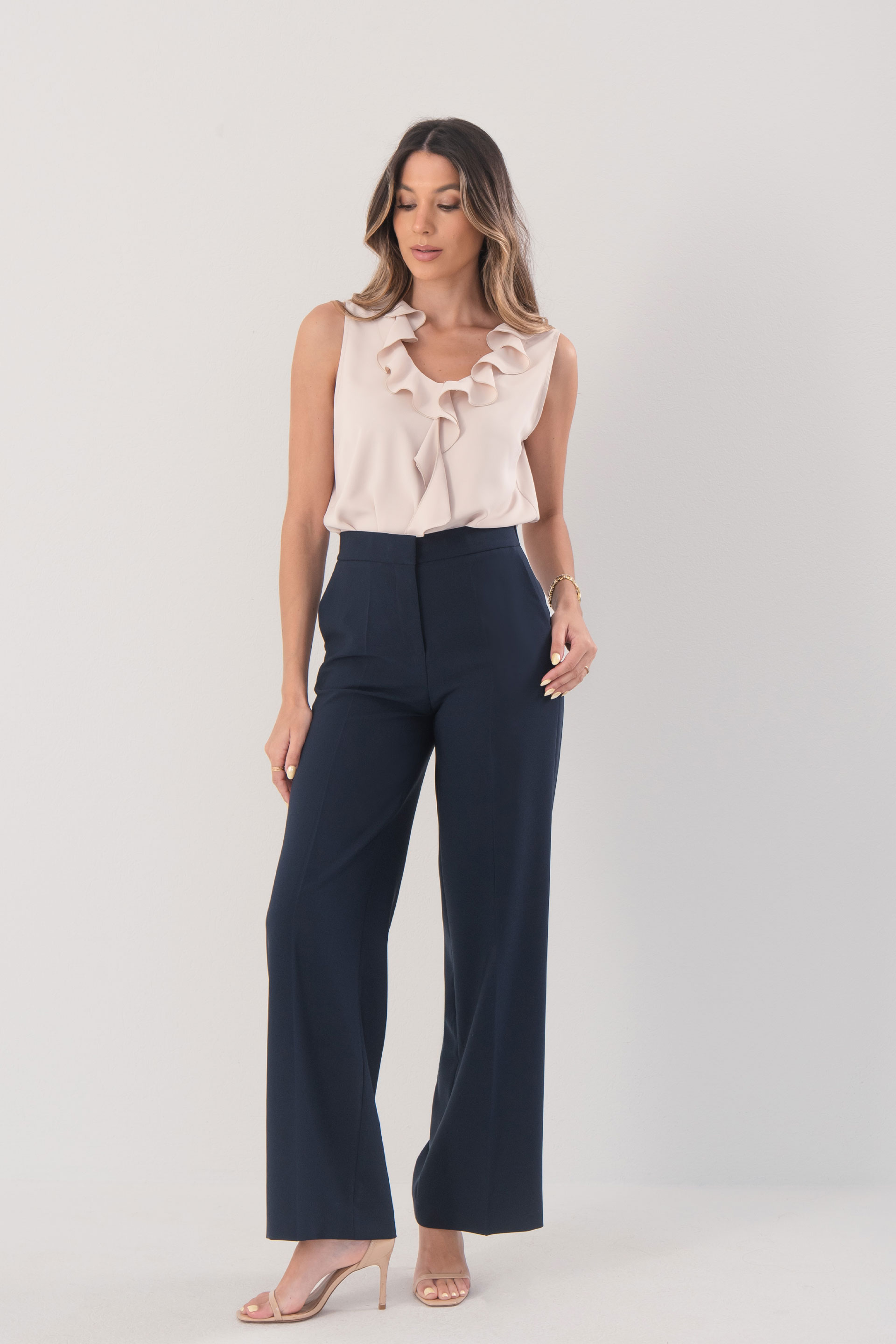 Pantalon wide leg classique taille haute avec ceinture élastique