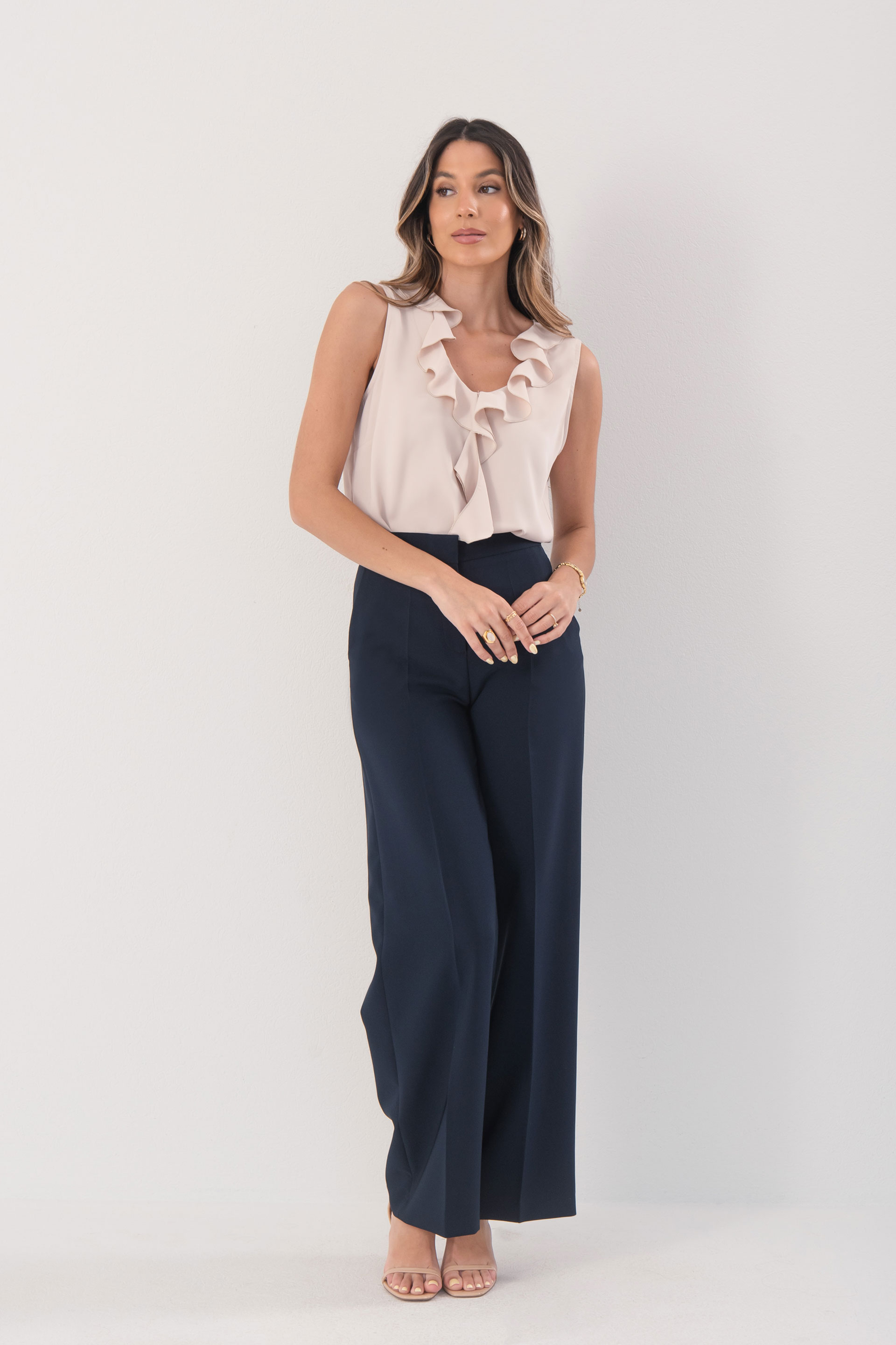 Pantalon wide leg classique taille haute avec ceinture élastique