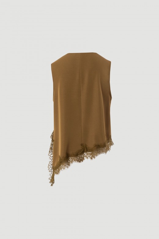 Asymmetrical satin blouse with lace trim Asymmetrical satin blouse with lace trim