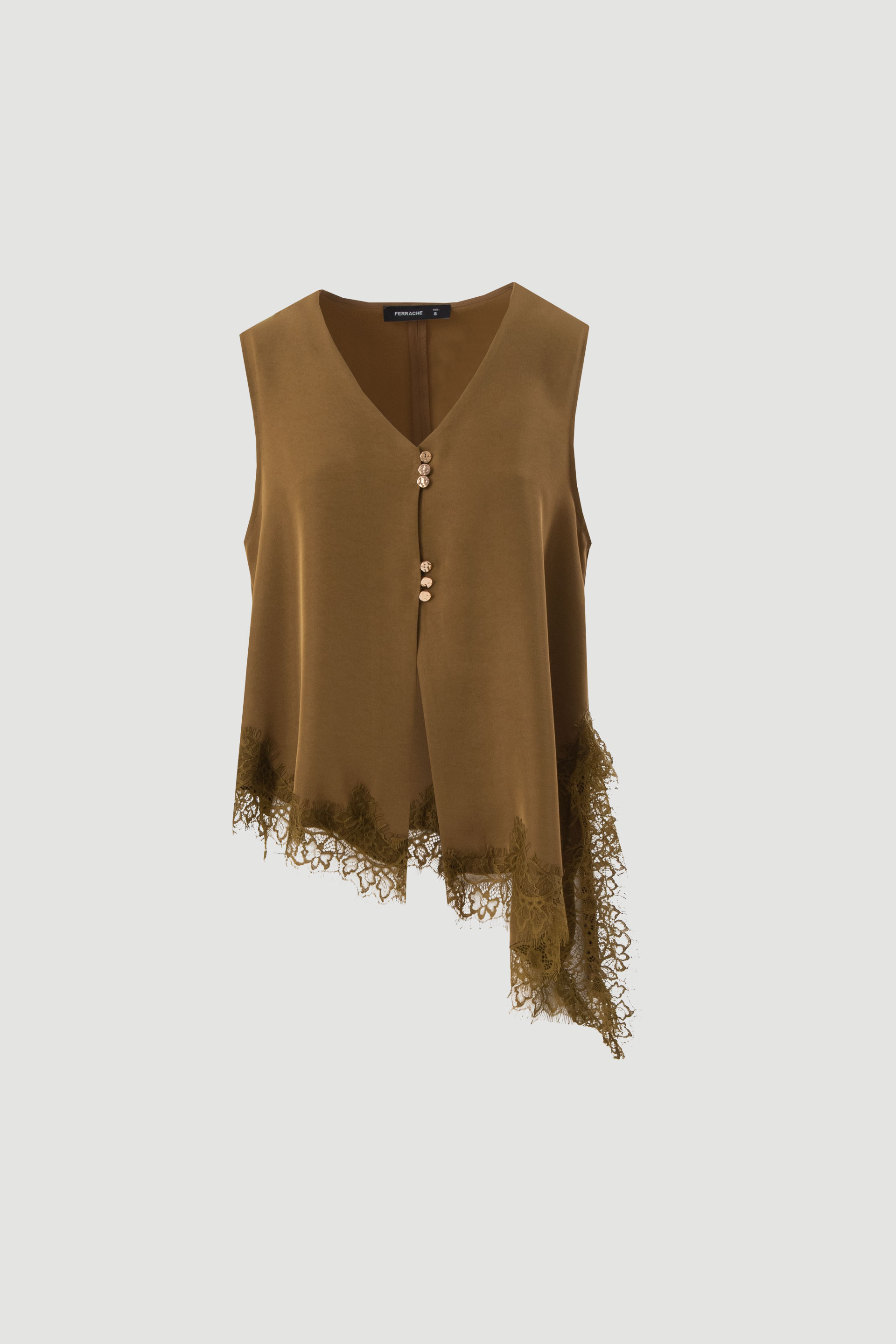Asymmetrical satin blouse with lace trim