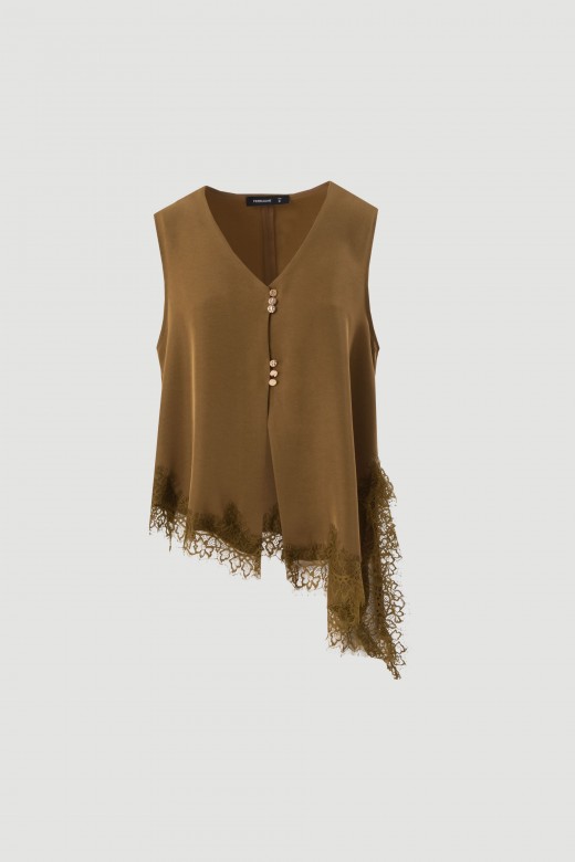 Asymmetrical satin blouse with lace trim Asymmetrical satin blouse with lace trim