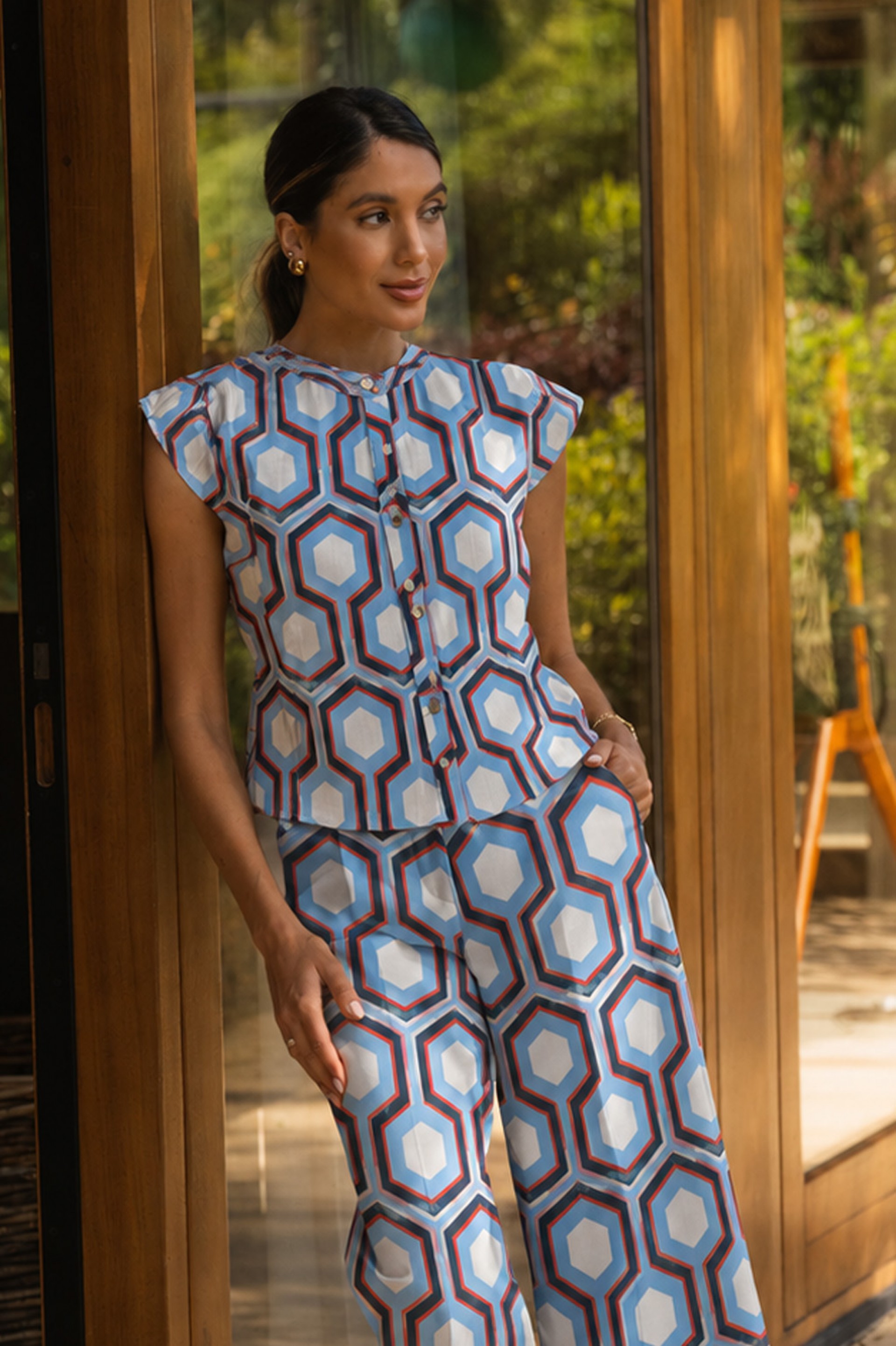 Printed tunic with gold buttons