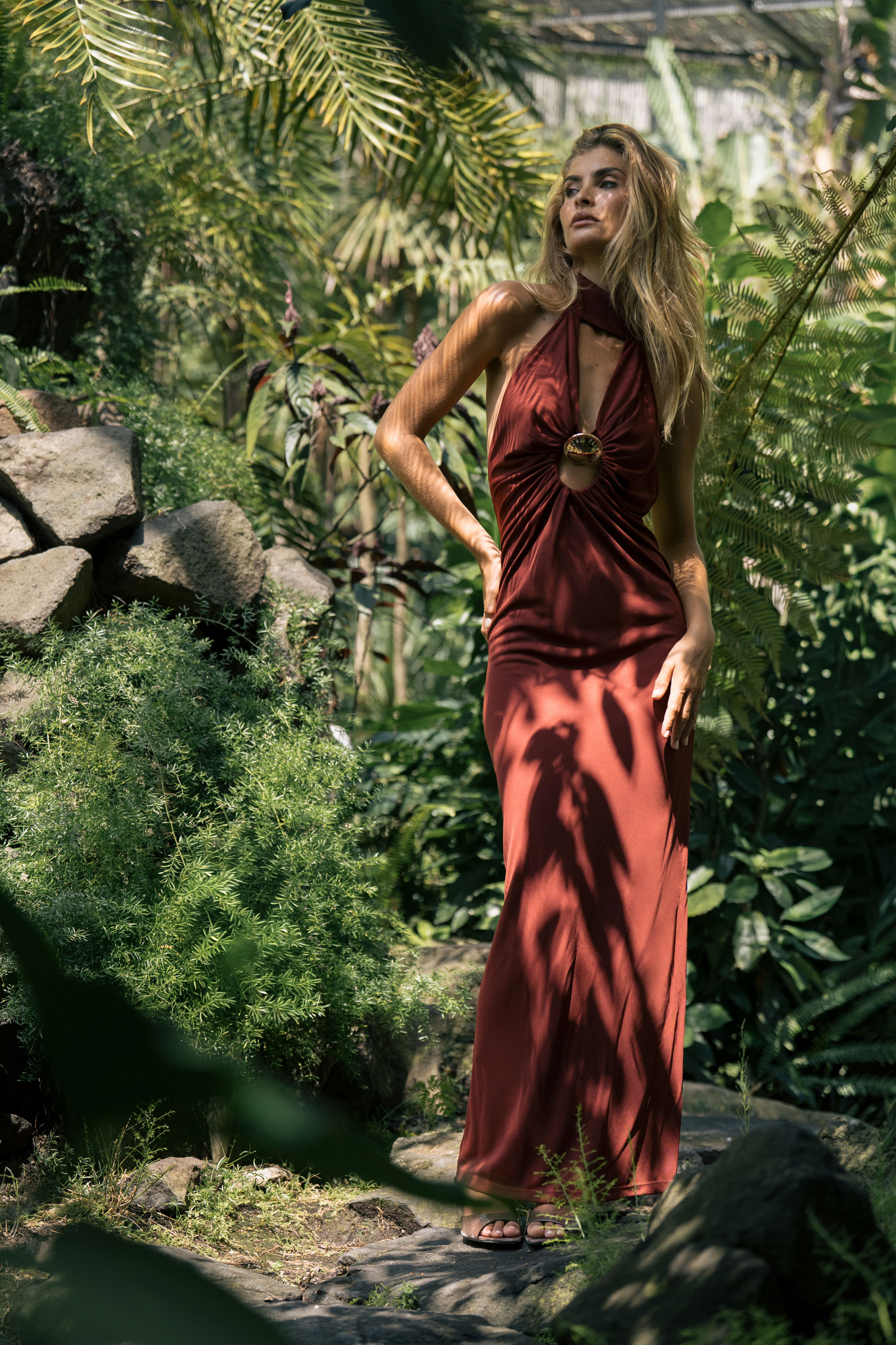 Plunging maxi dress with metallic detail