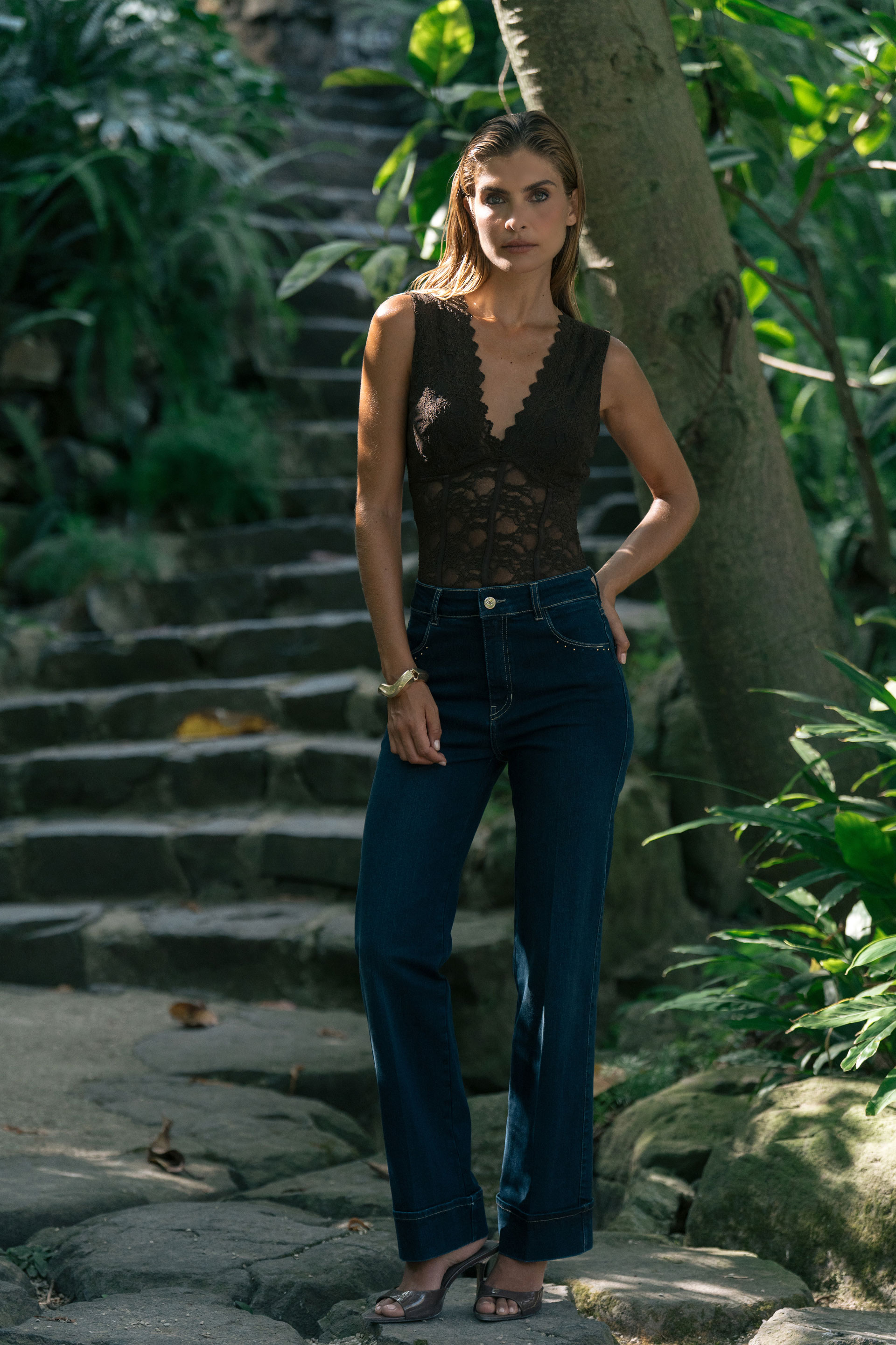 Lace bodysuit with v-neck