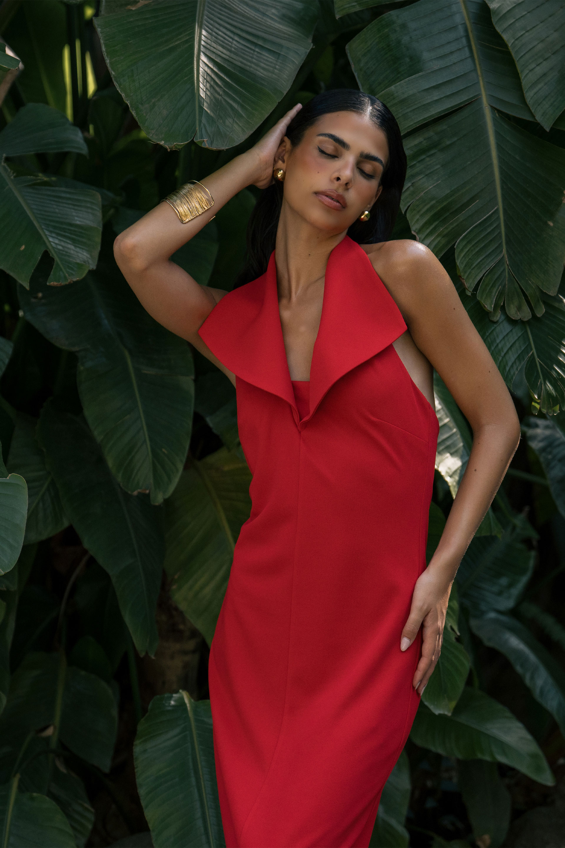 Halter midi dress with wide collar