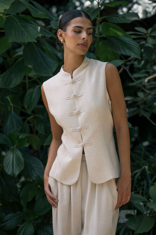 Linen-blend waistcoat with oriental fastening Linen-blend waistcoat with oriental fastening