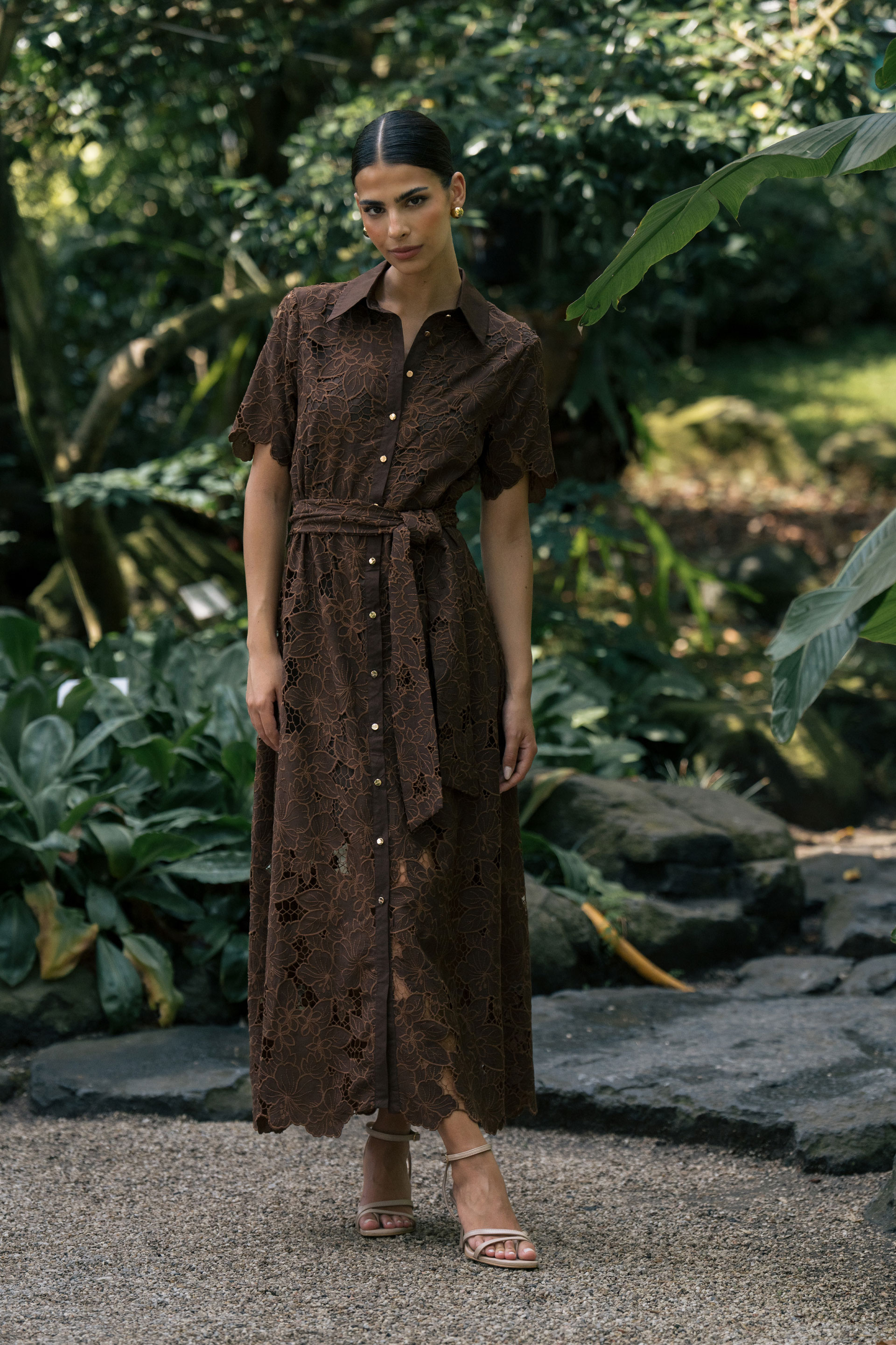 Lace midi dress with belt