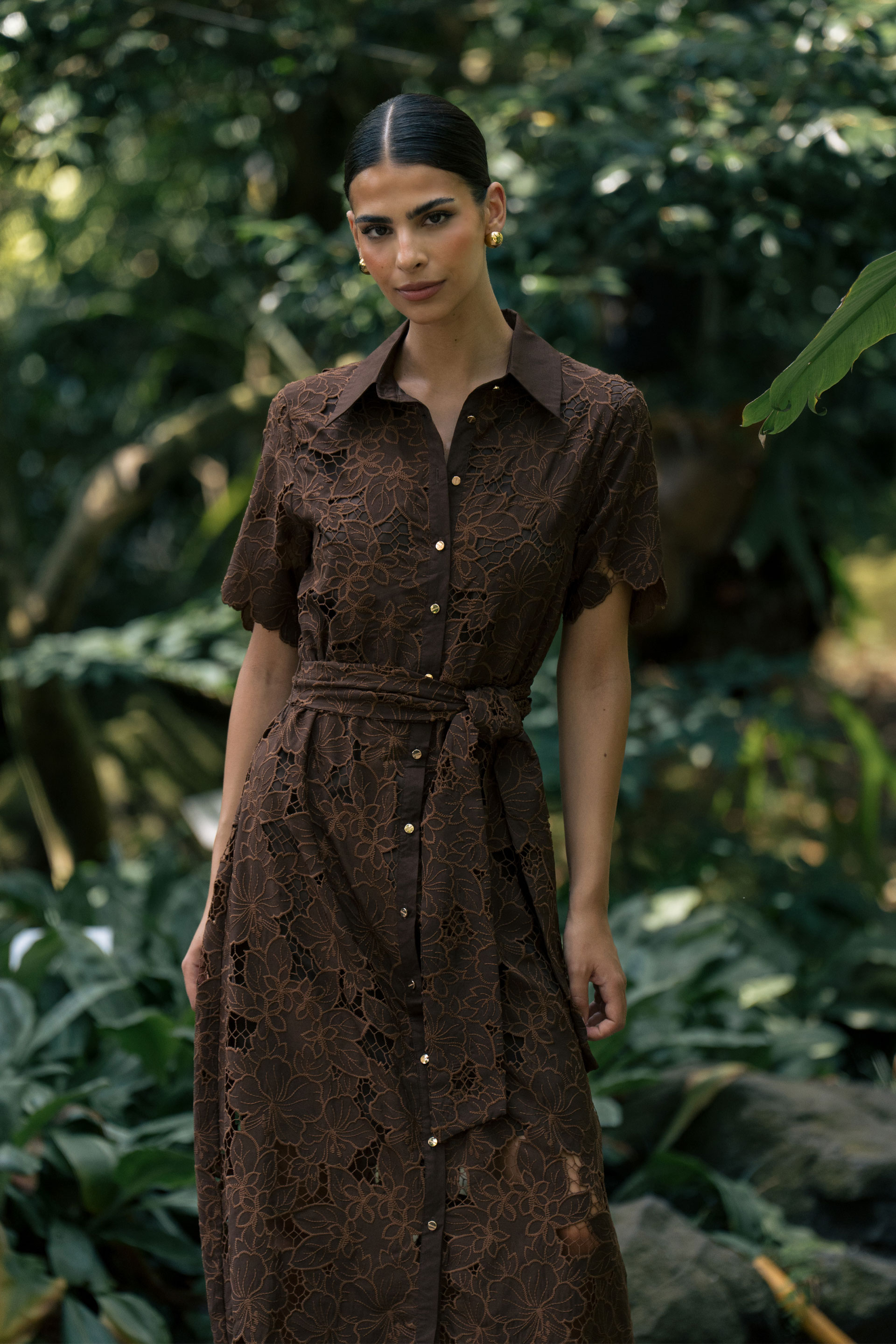 Lace midi dress with belt