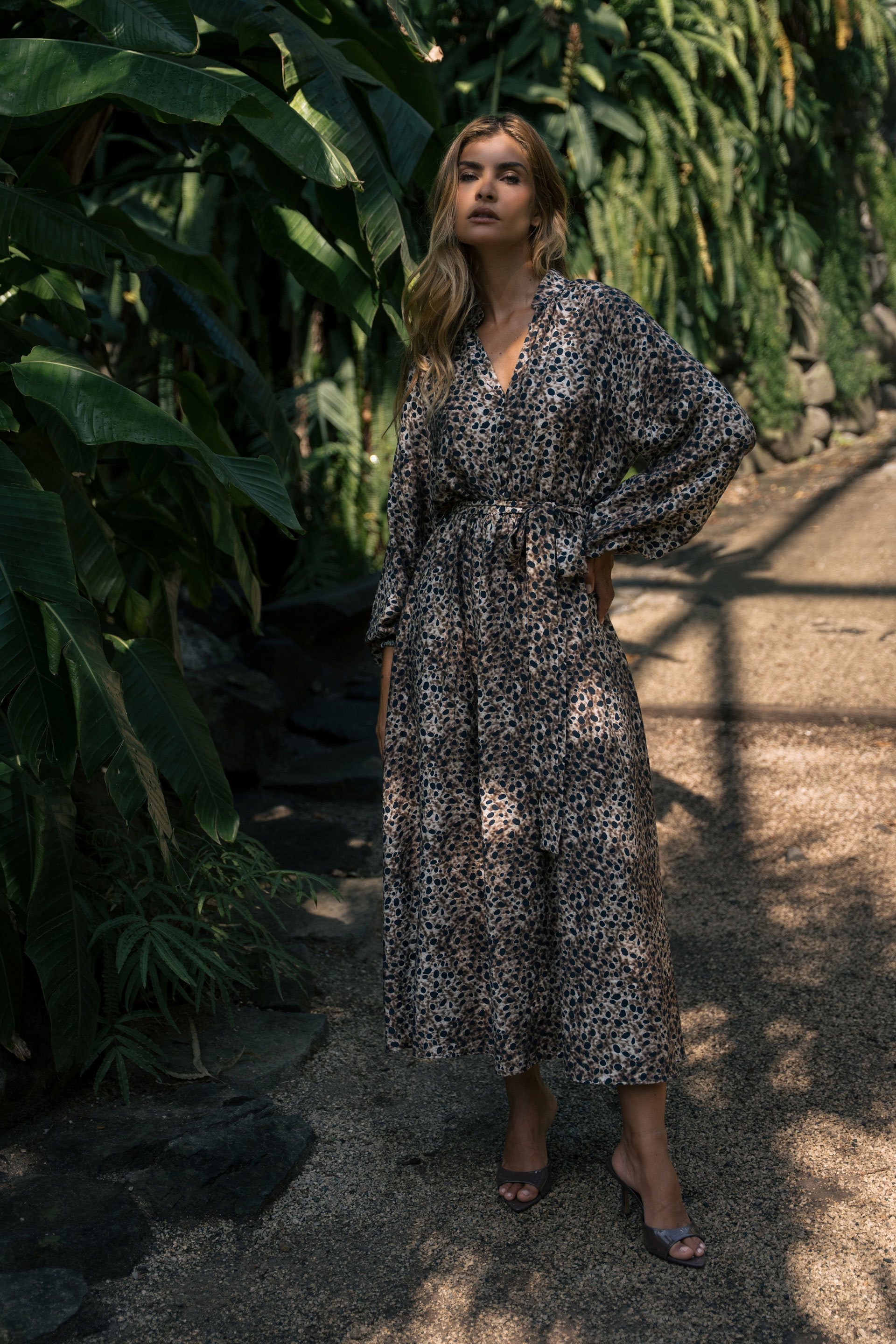 Printed midi dress with belt