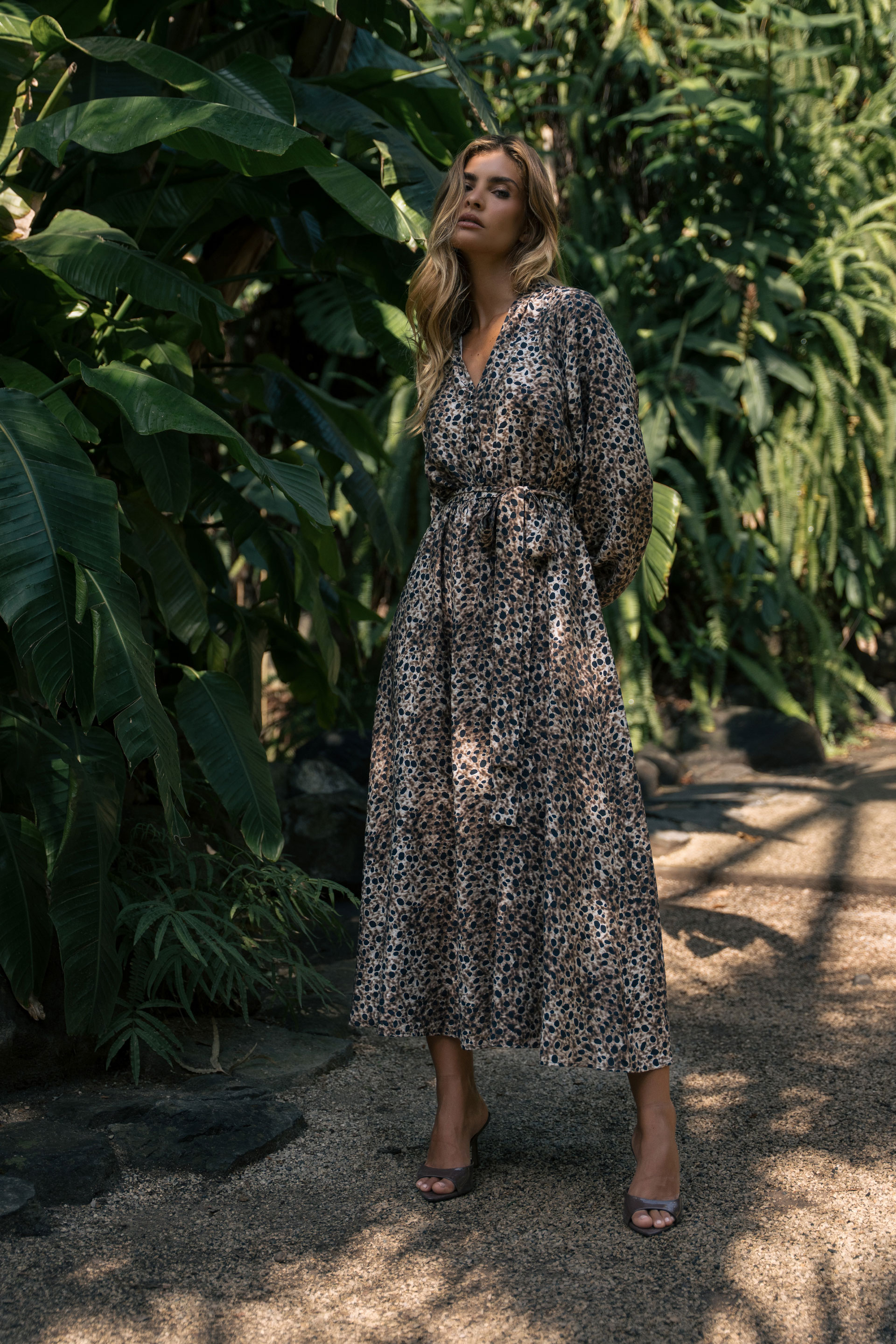 Printed midi dress with belt