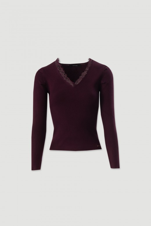 Ribbed knit sweater with lace trim Ribbed knit sweater with lace trim
