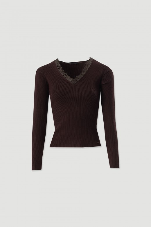 Ribbed knit sweater with lace trim Ribbed knit sweater with lace trim