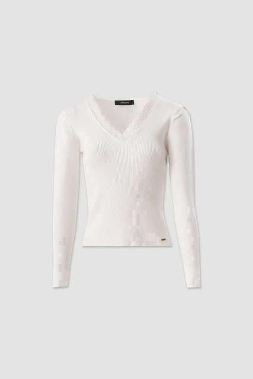 Camisola de malha canelada com renda Camisola de malha canelada com renda