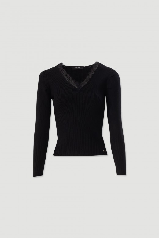 Camisola de malha canelada com renda
