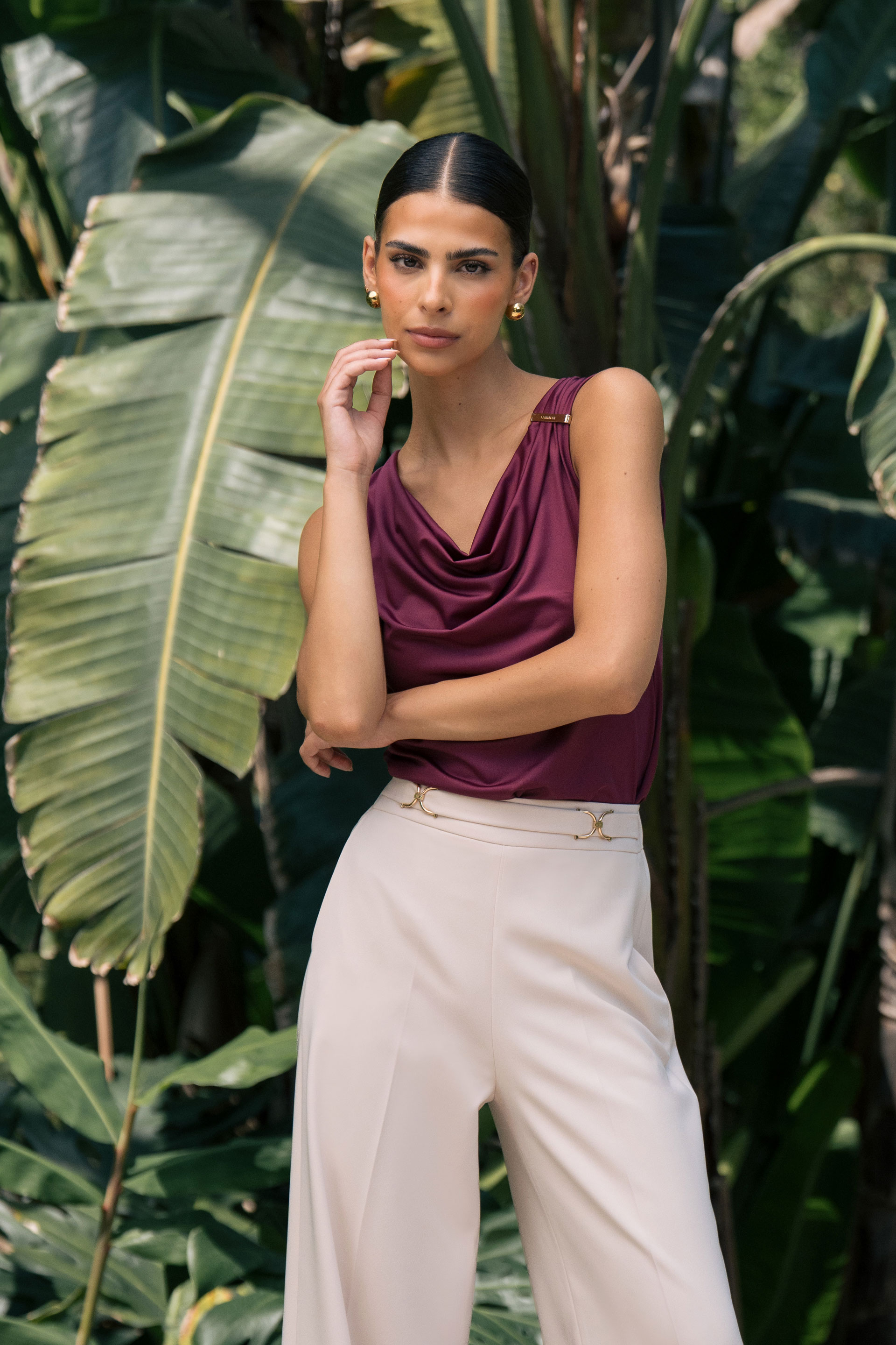 Lycra knit top with draped neckline