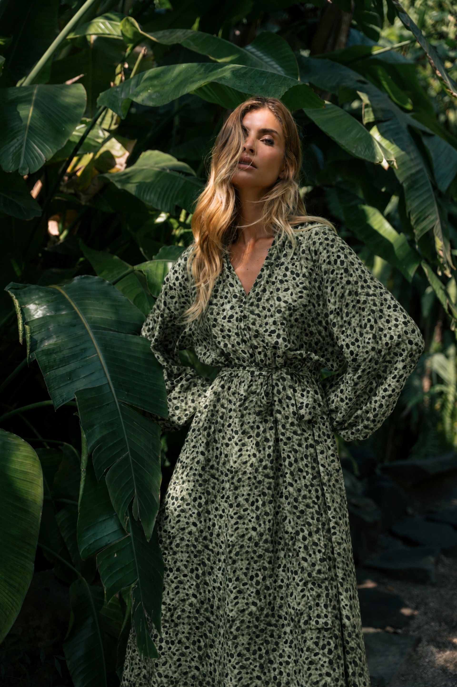 Printed midi dress with belt