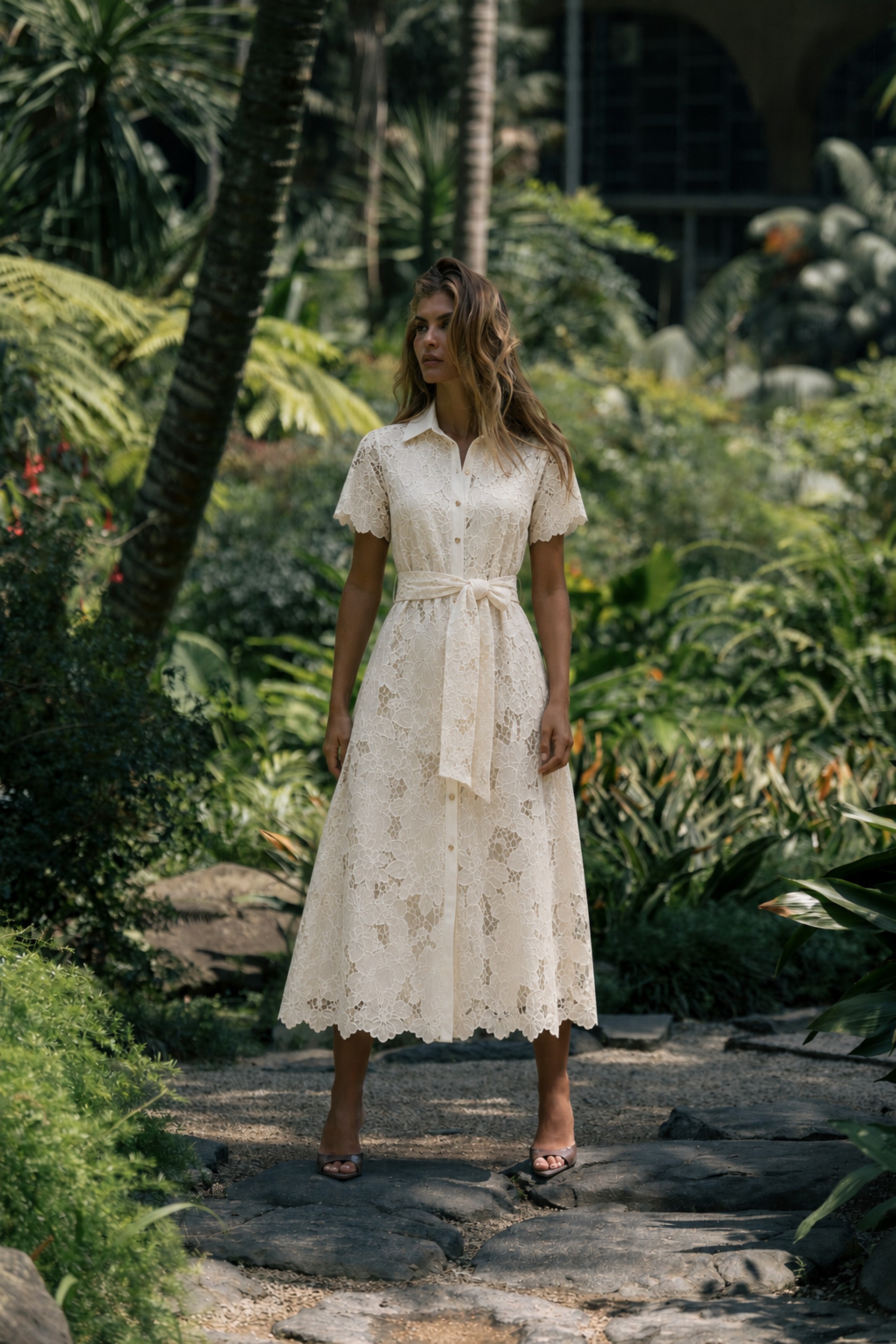 Lace midi dress with belt