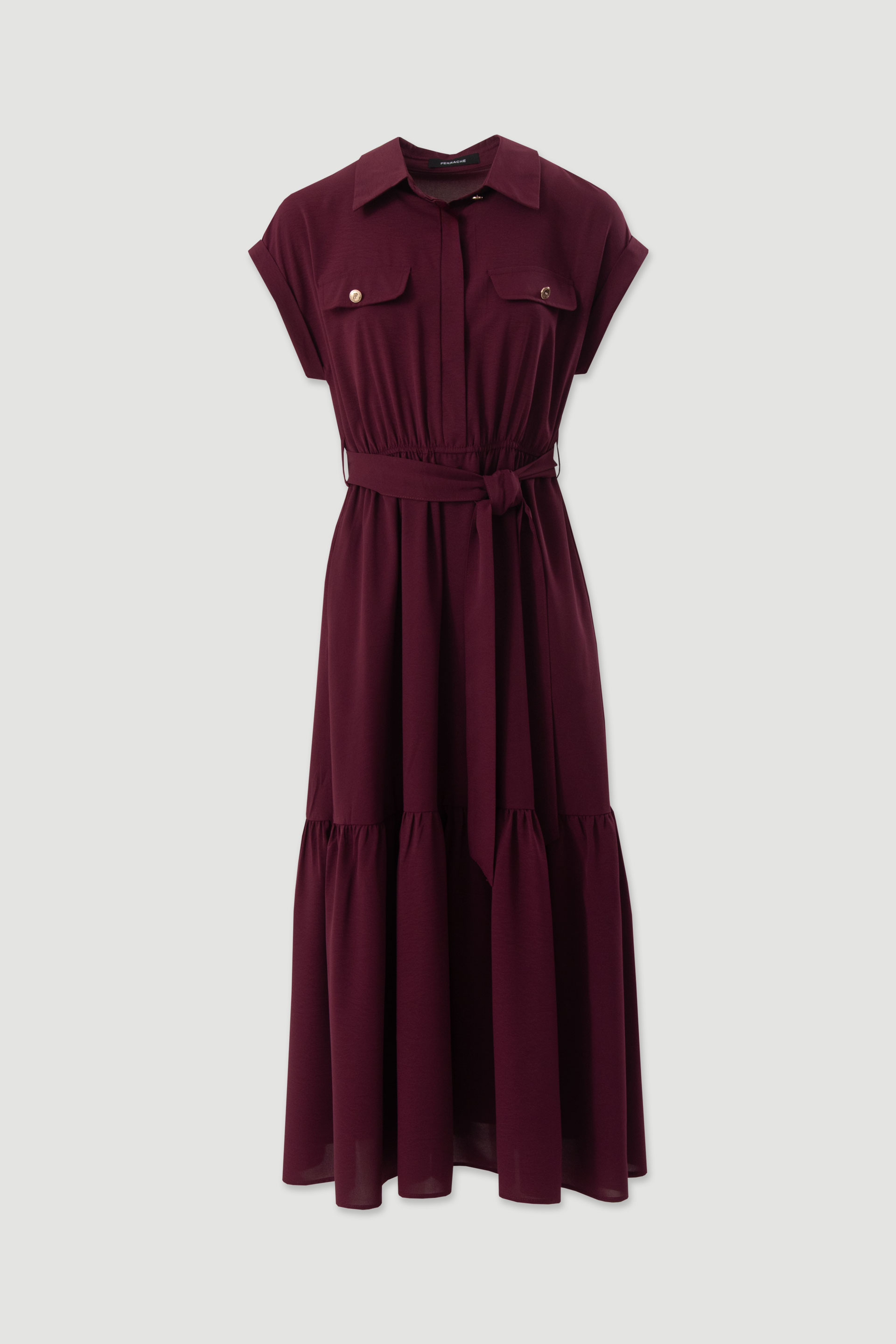 Midi dress with belt and ruffle hem