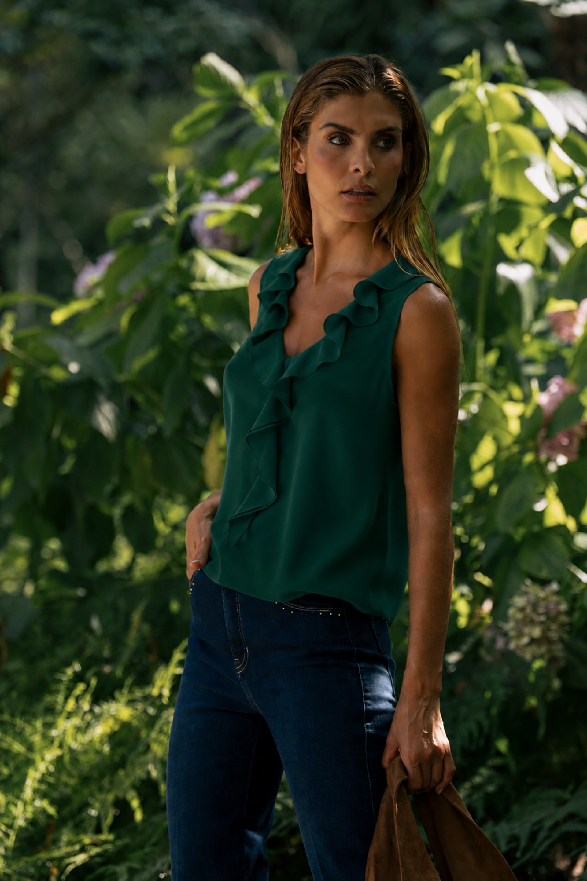 Fluid blouse with ruffled neckline