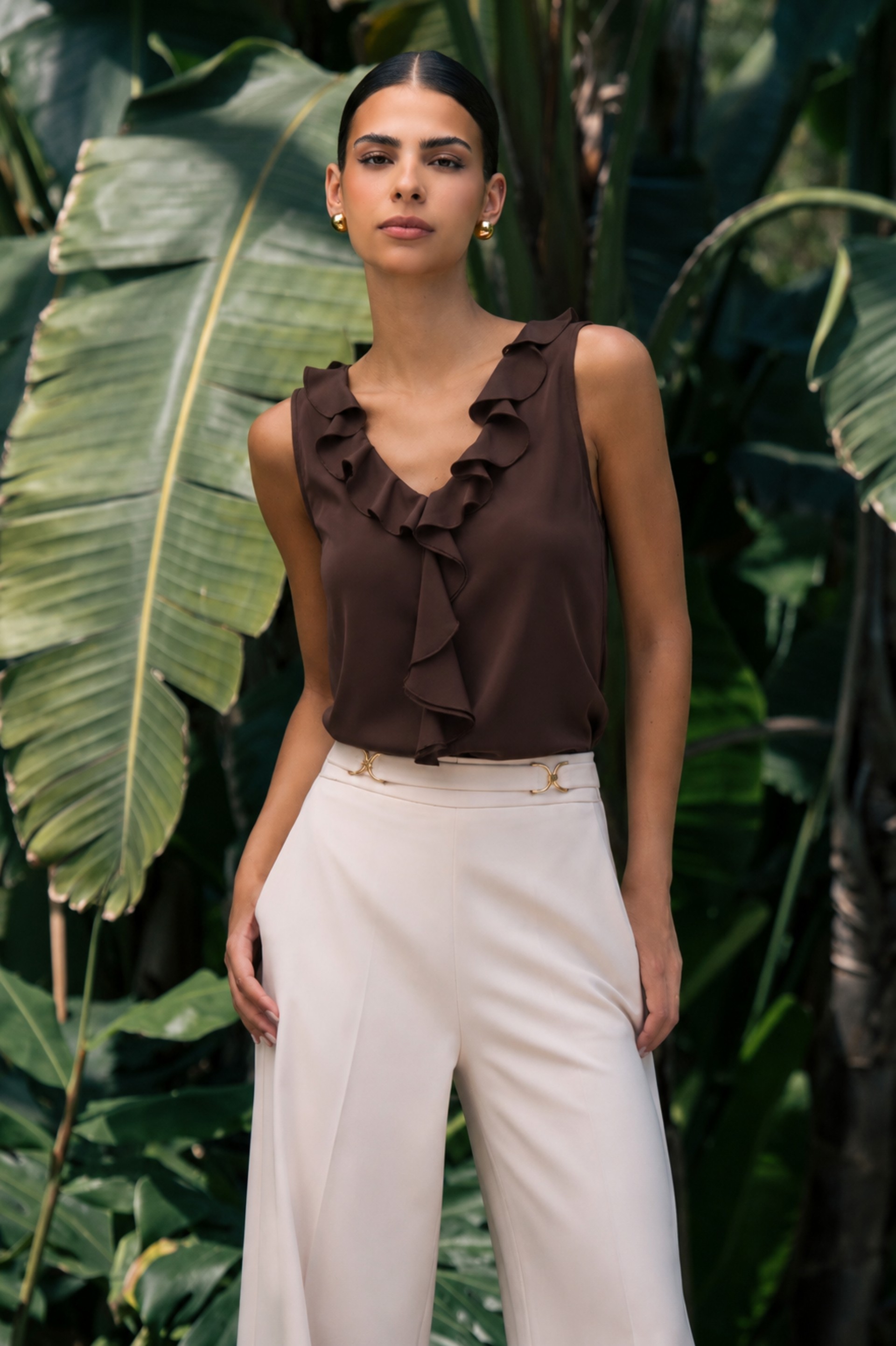 Fluid blouse with ruffled neckline