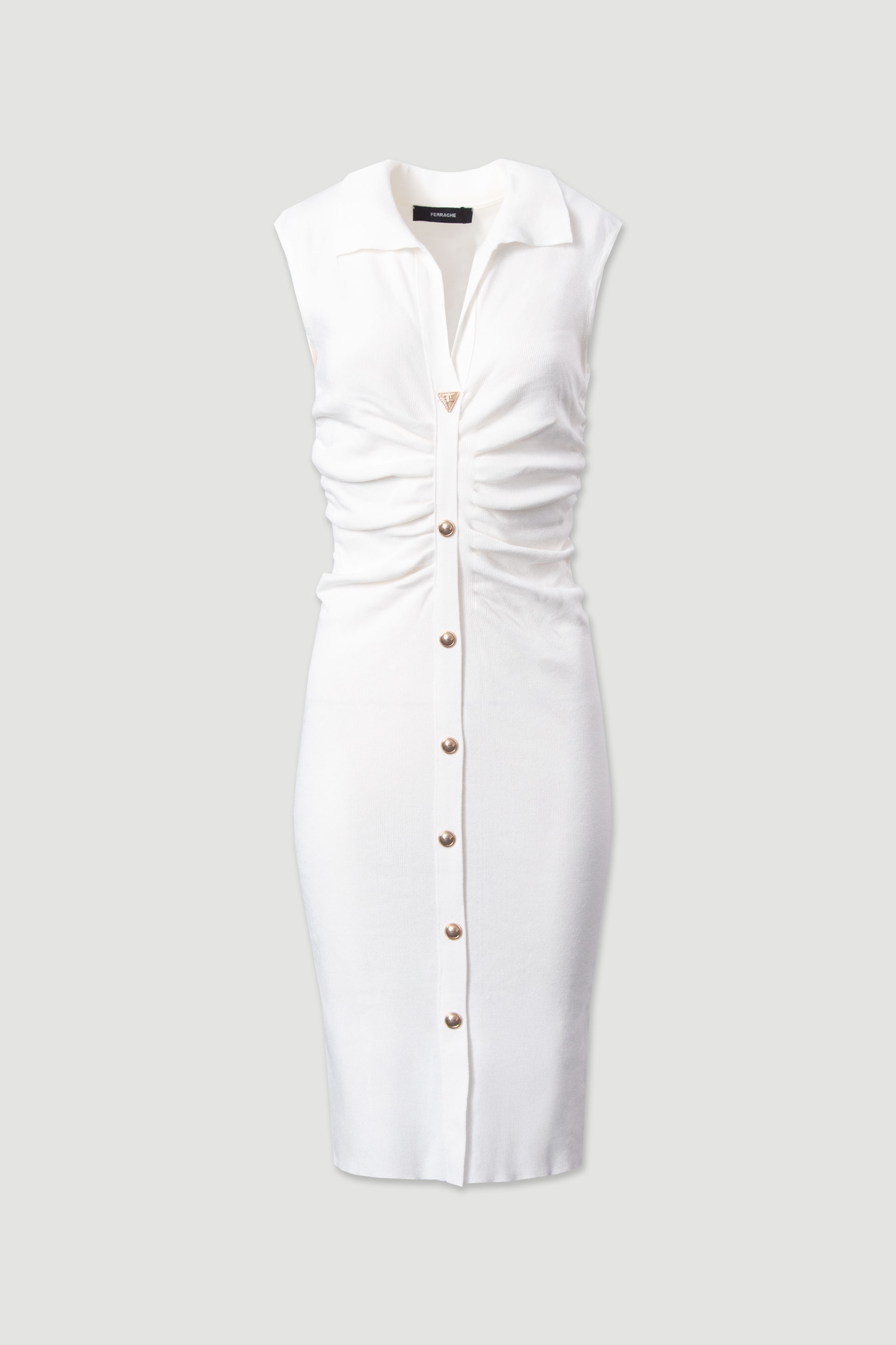 Midi knit dress with ruching and metallic buttons