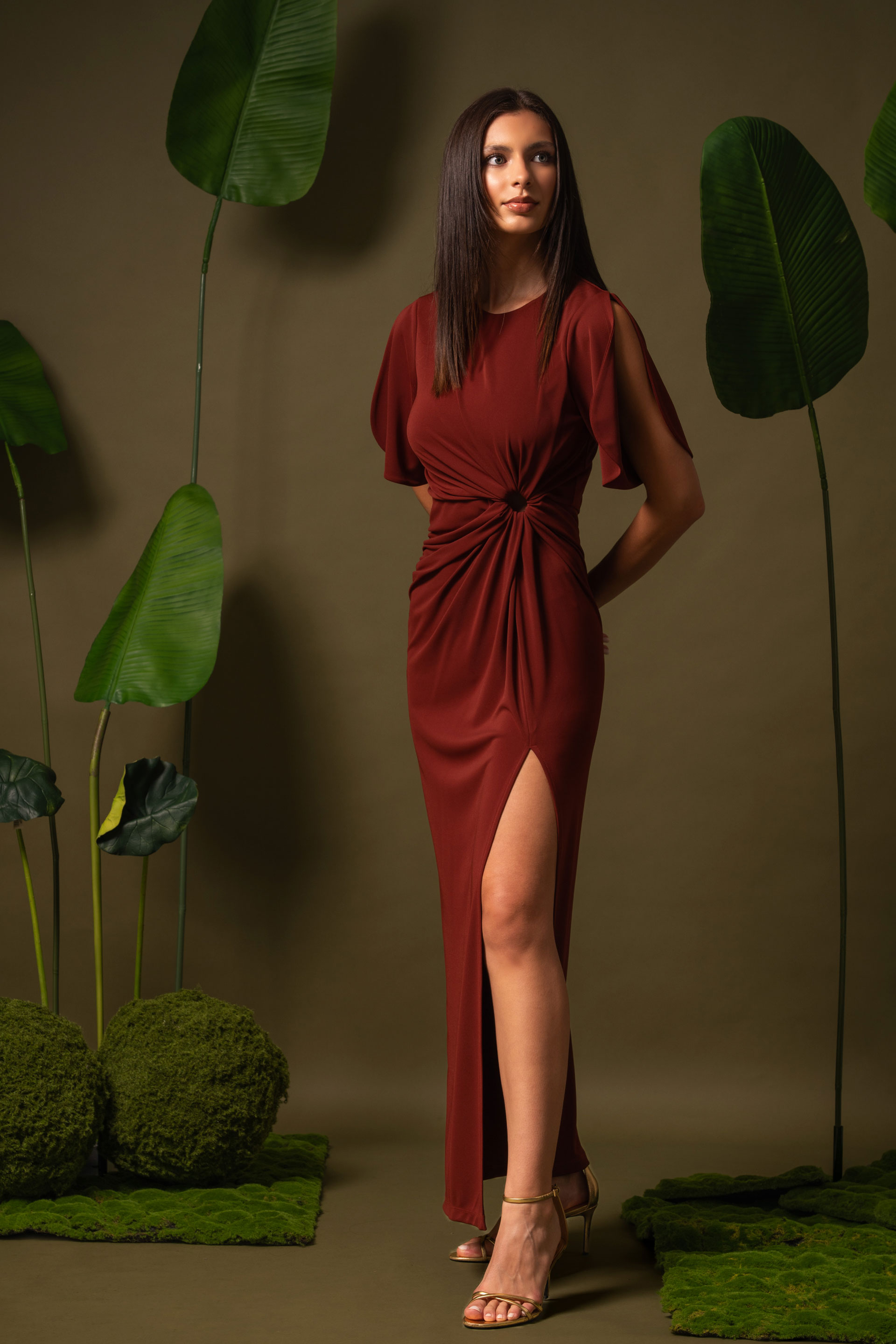 Long draped dress with cut-out detail