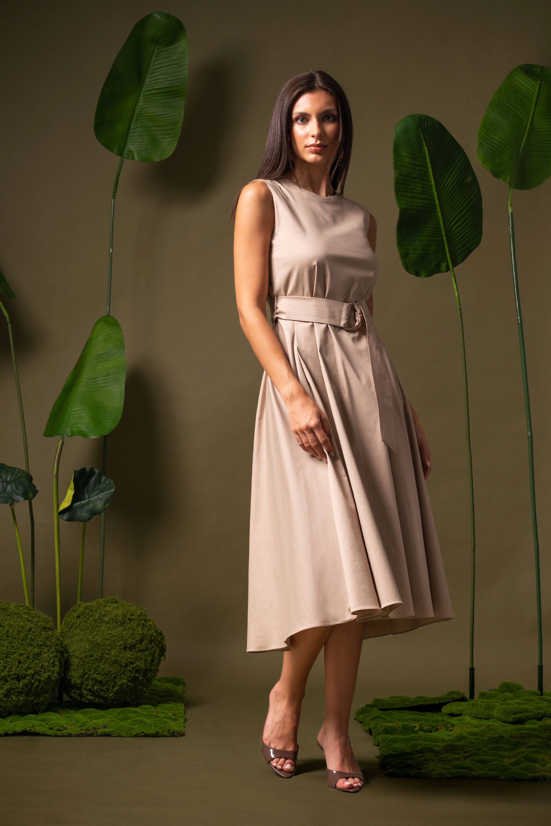 Fitted midi dress with buckle belt
