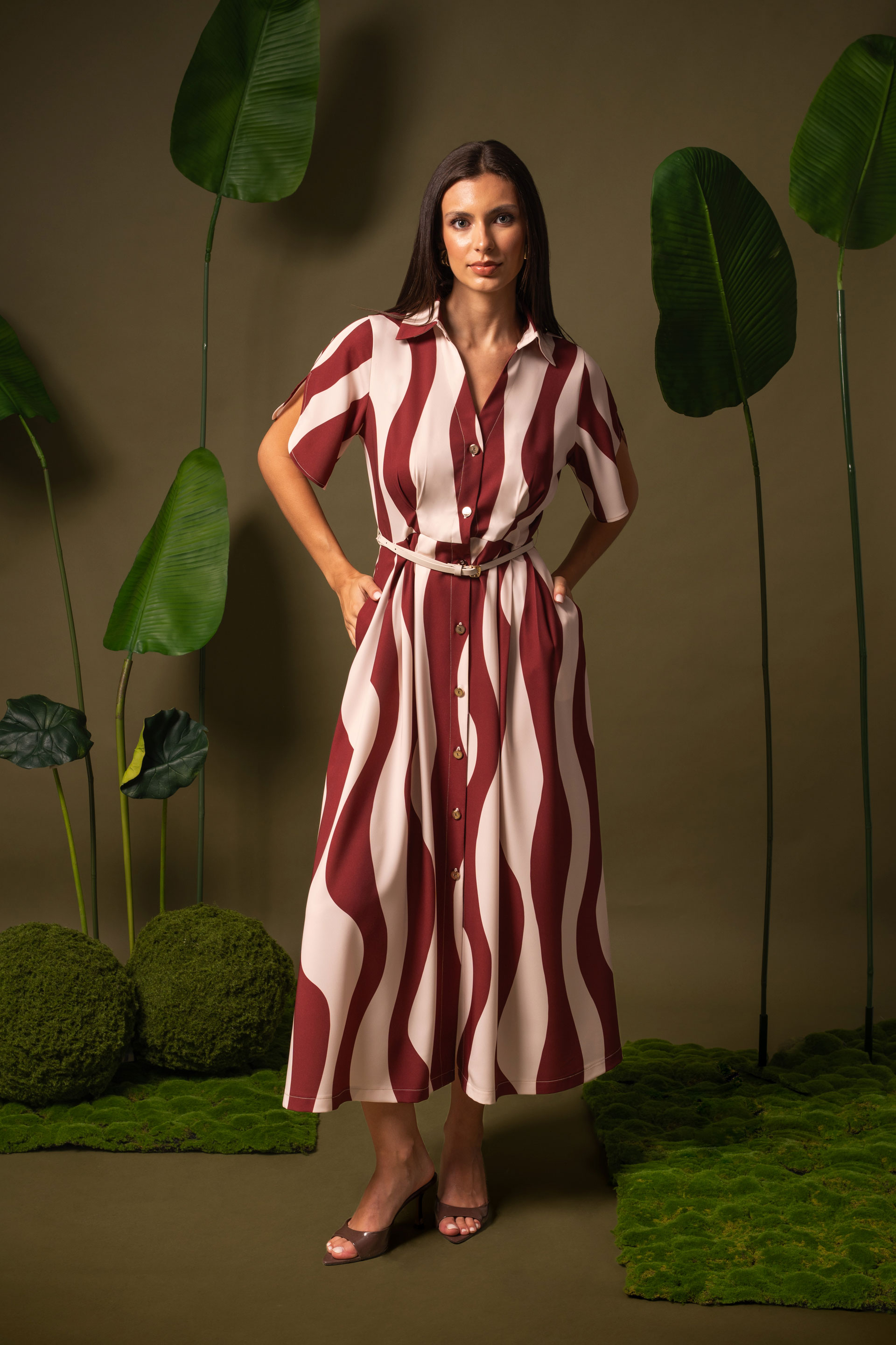 Printed midi dress with slim belt