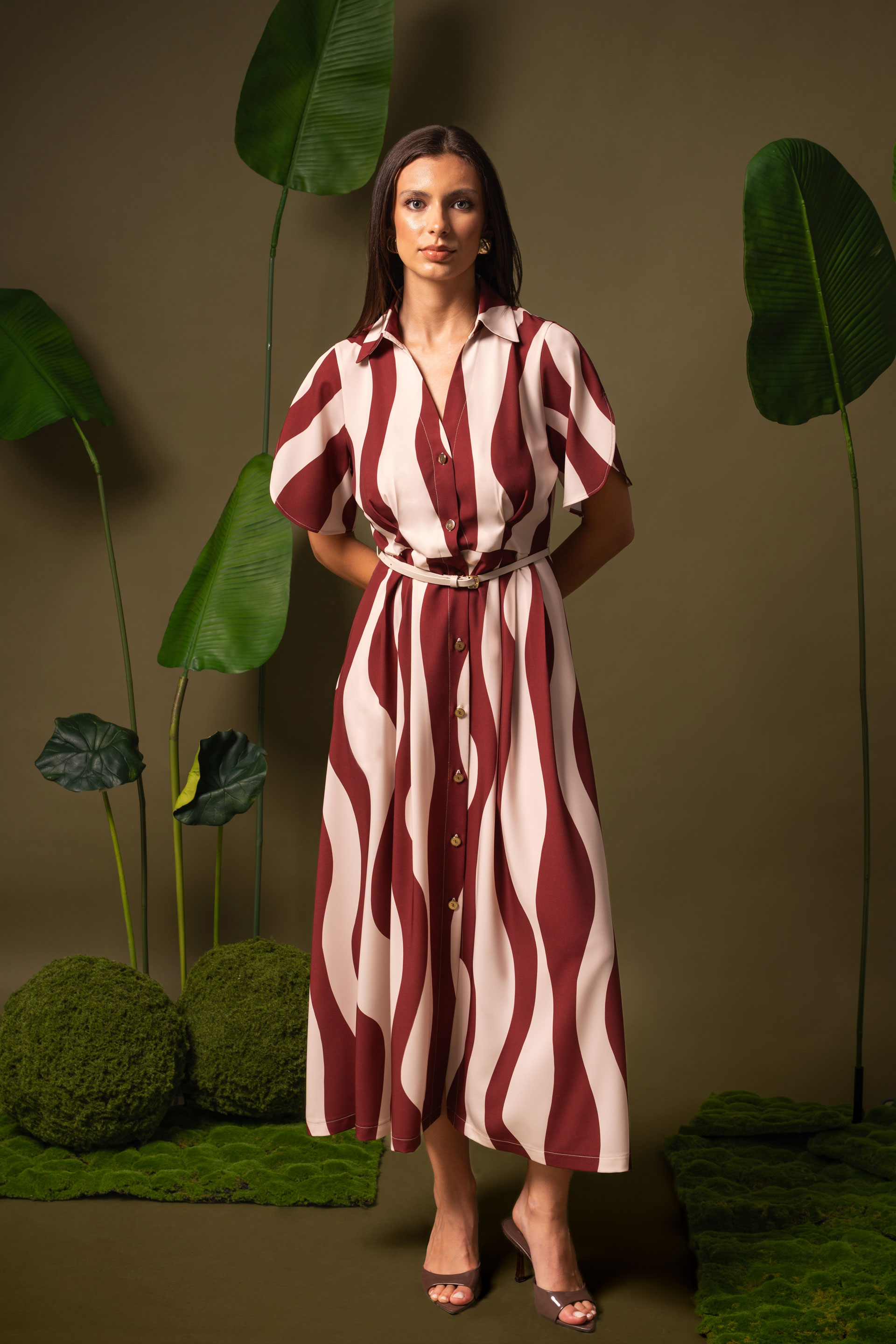 Printed midi dress with slim belt