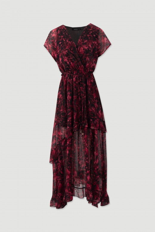 Vestido midi estampado com folhos Vestido midi estampado com folhos