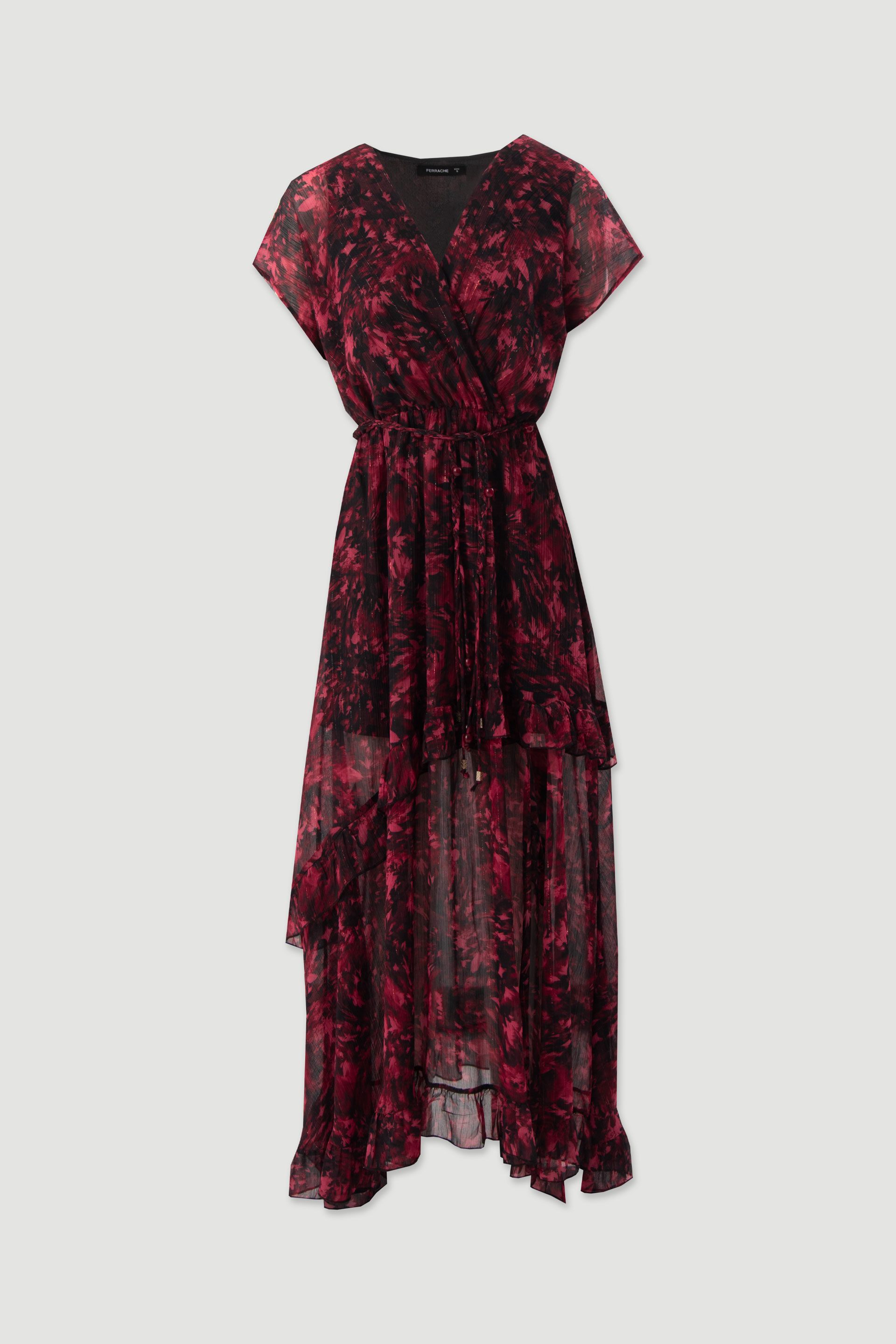Vestido midi estampado com folhos