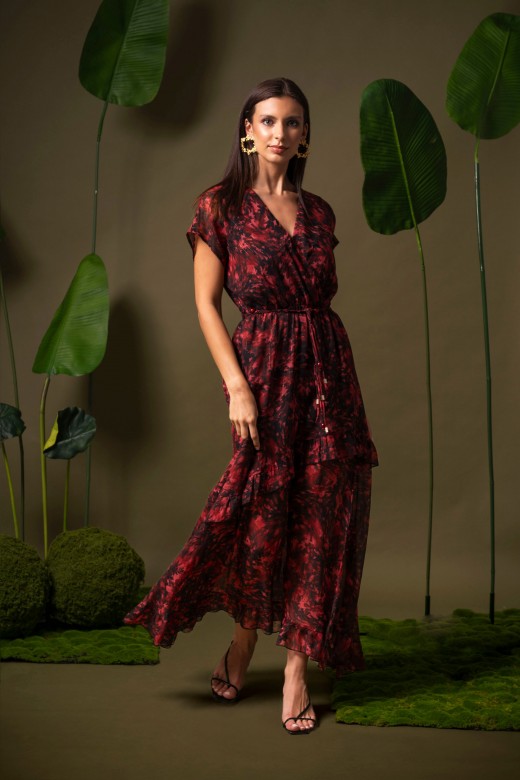 Vestido midi estampado com folhos Vestido midi estampado com folhos