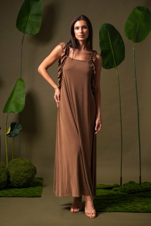 Vestido comprido fluido com alças em folho Vestido comprido fluido com alças em folho