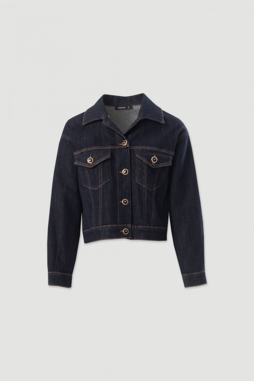 Cropped denim jacket with personalised buttons Cropped denim jacket with personalised buttons