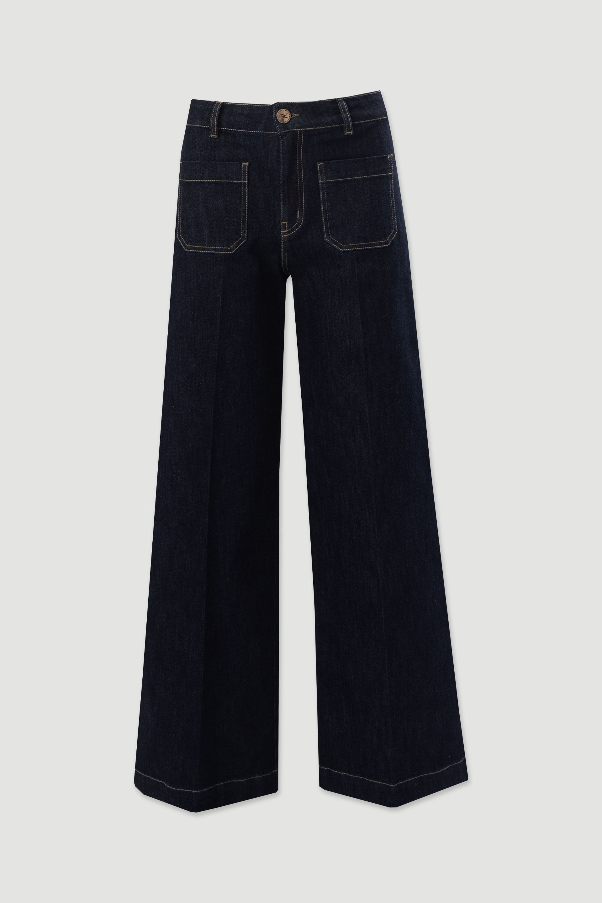 Jeans wide leg com bolsos aplicados