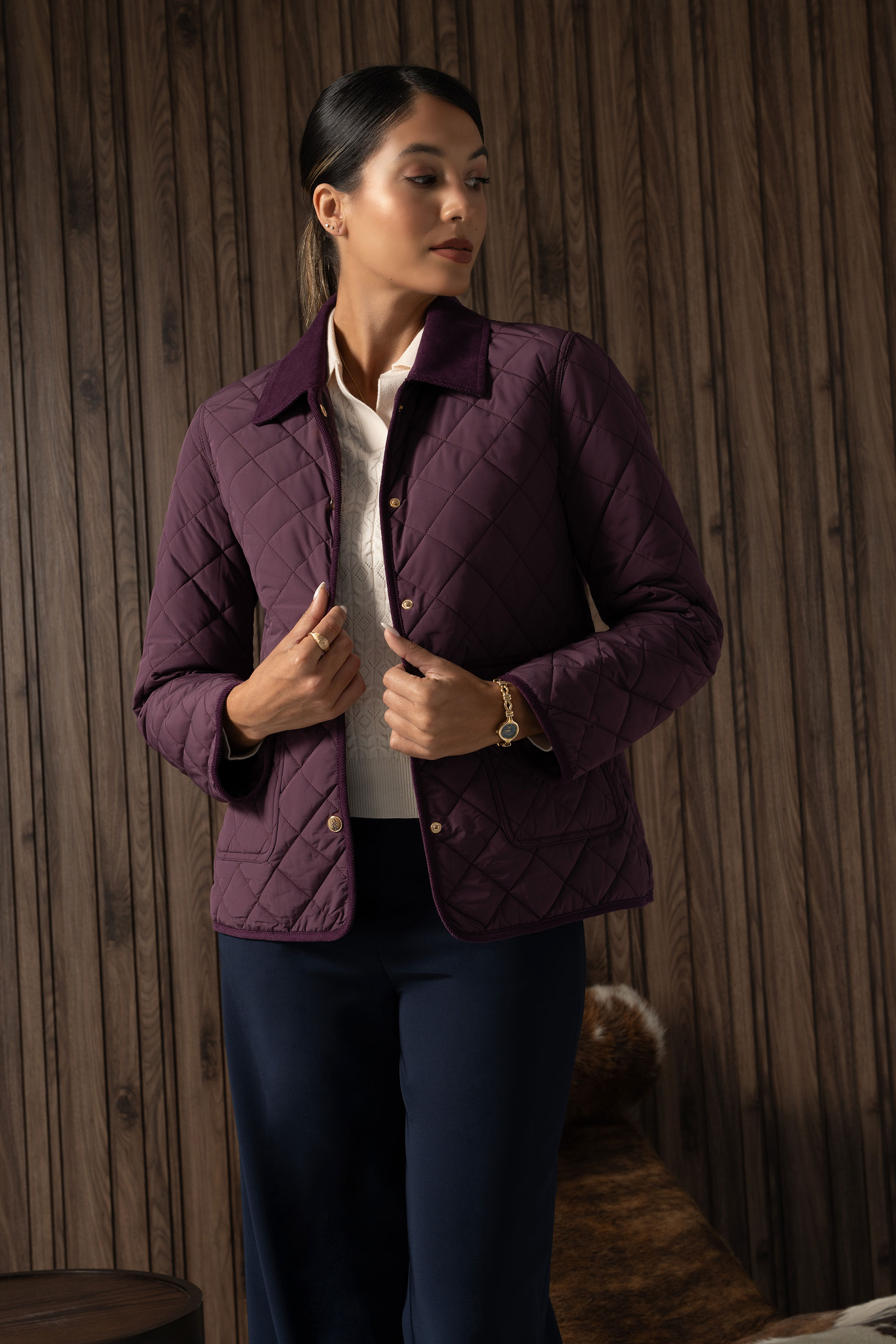 Quilted parka with corduroy collar