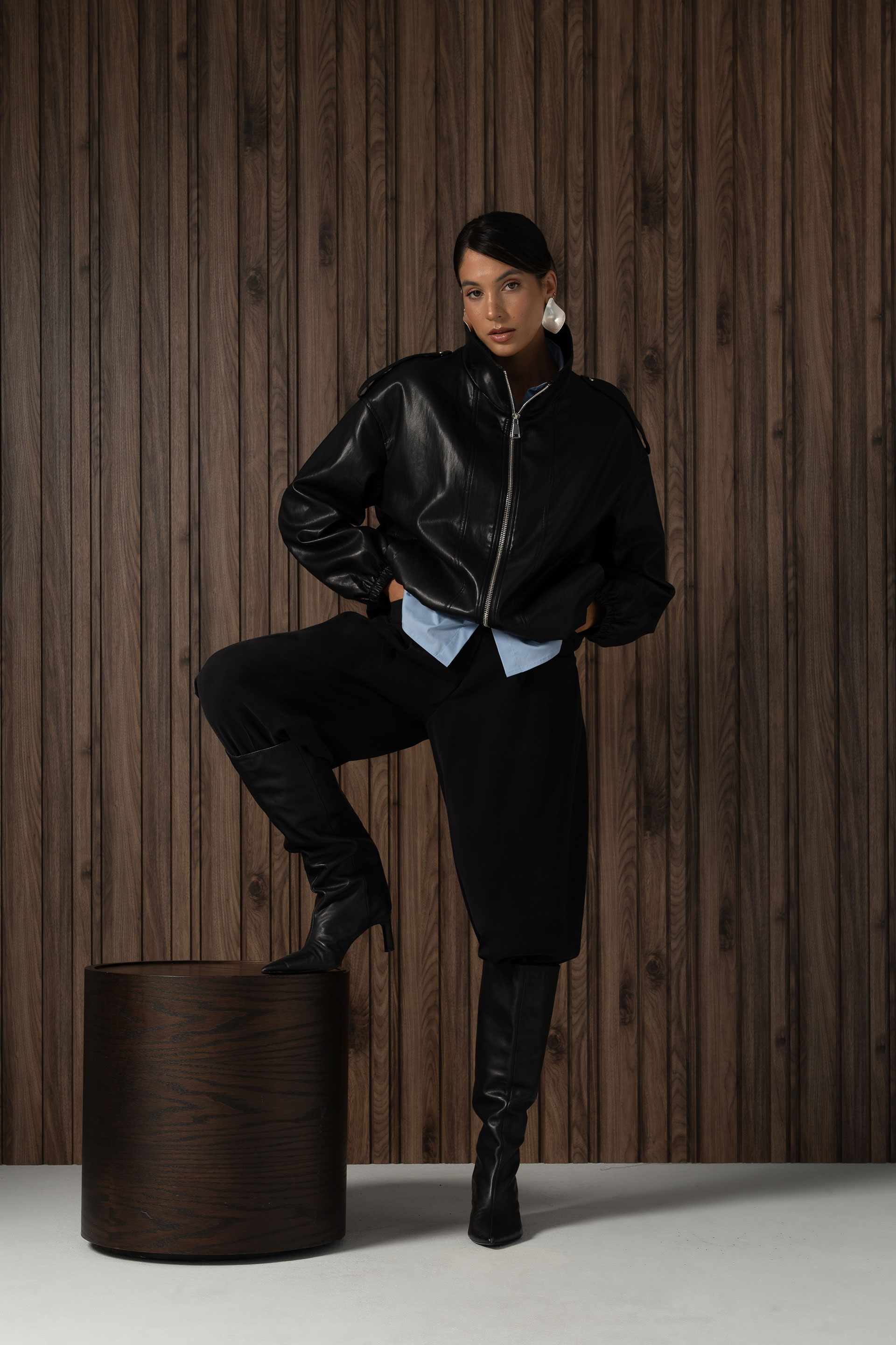 Faux leather jacket with front zip fastening