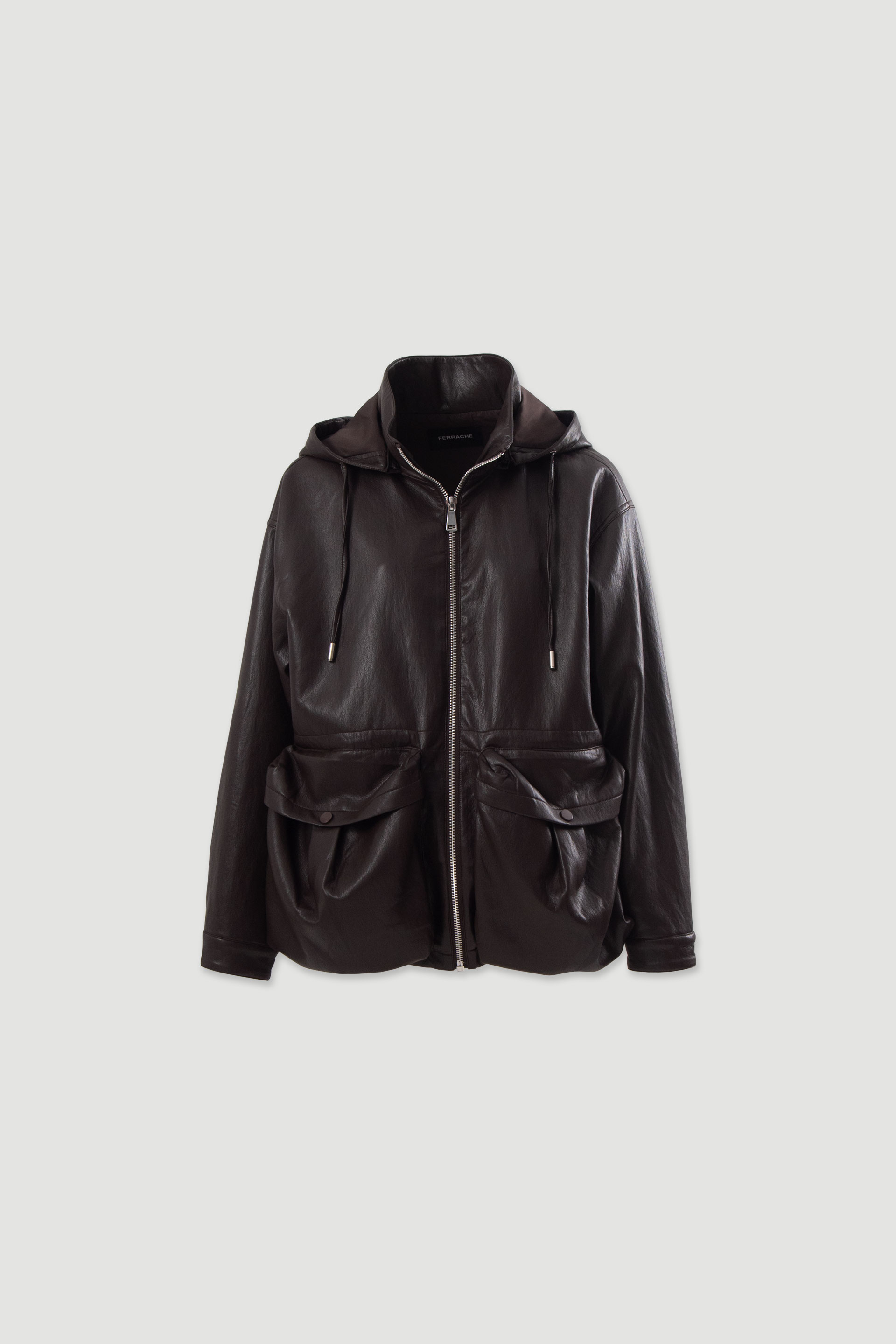Faux leather jacket with hood and large pockets
