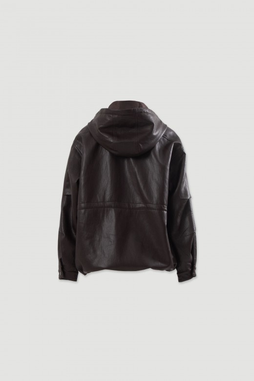 Faux leather jacket with hood and large pockets Faux leather jacket with hood and large pockets