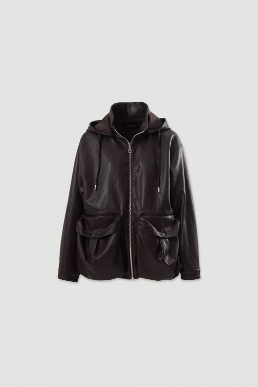 Faux leather jacket with hood and large pockets Faux leather jacket with hood and large pockets