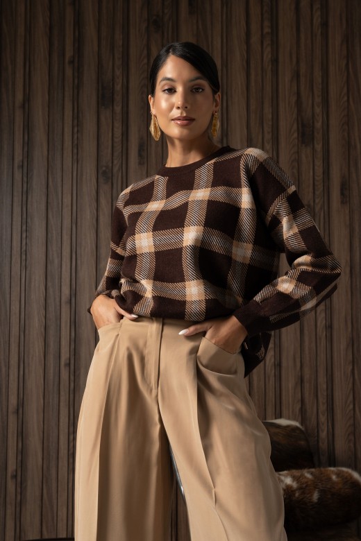 Checked knit sweater with balloon sleeves Checked knit sweater with balloon sleeves