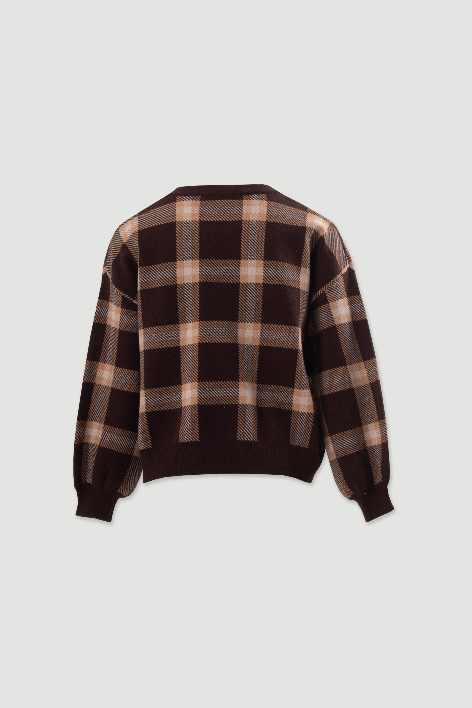 Checked knit sweater with balloon sleeves