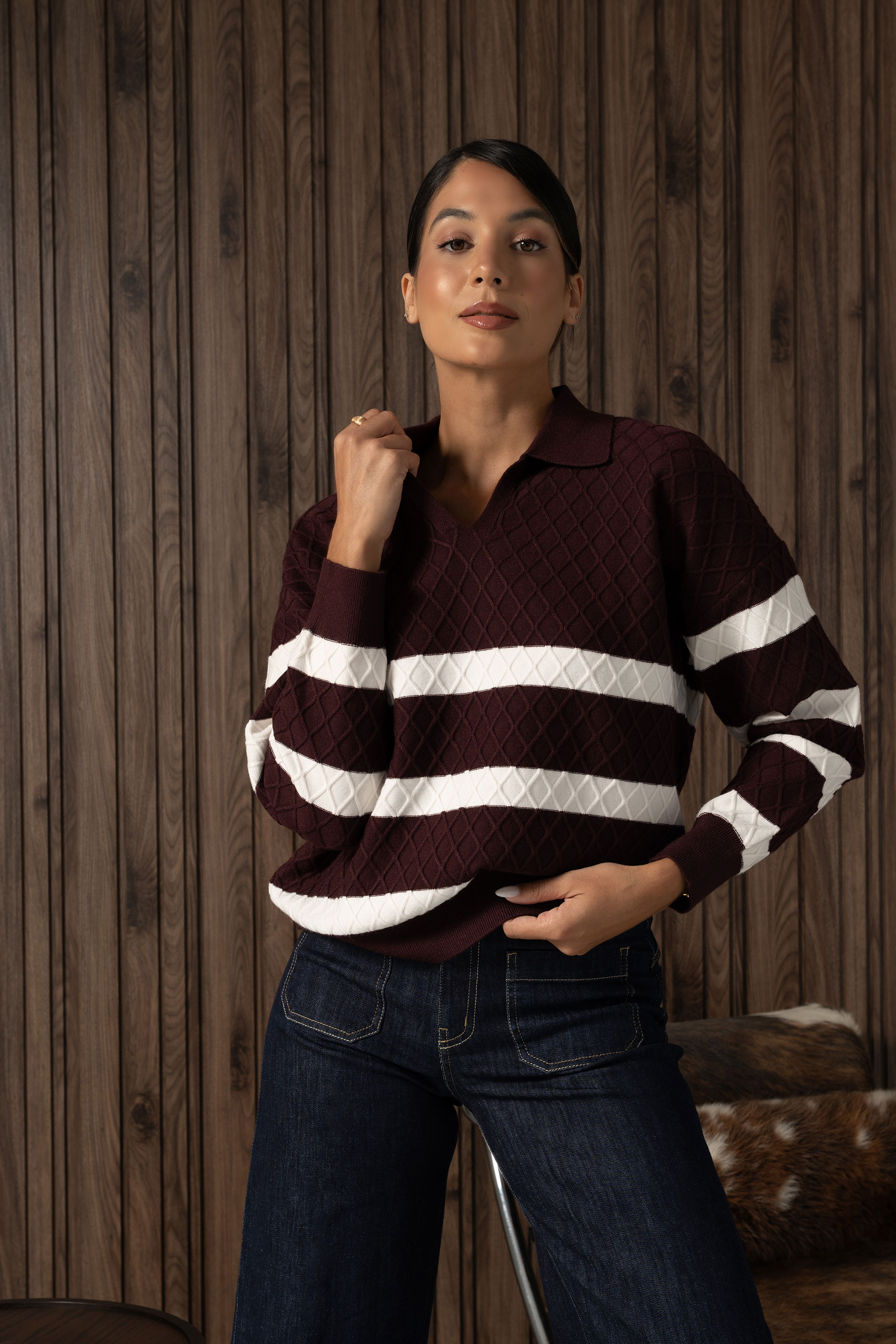 Knit polo with contrasting stripes