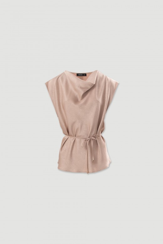 Blusa fluida com decote drapeado e cintura ajustável Blusa fluida com decote drapeado e cintura ajustável