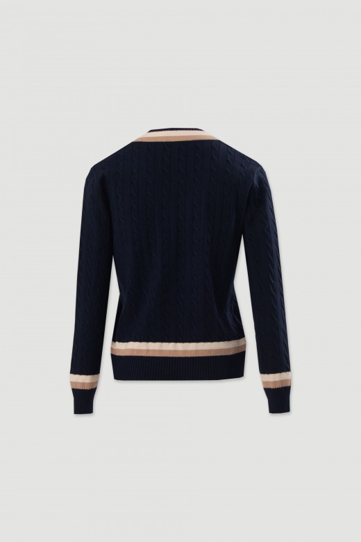 Camisola de malha entrançada com decote em v Camisola de malha entrançada com decote em v