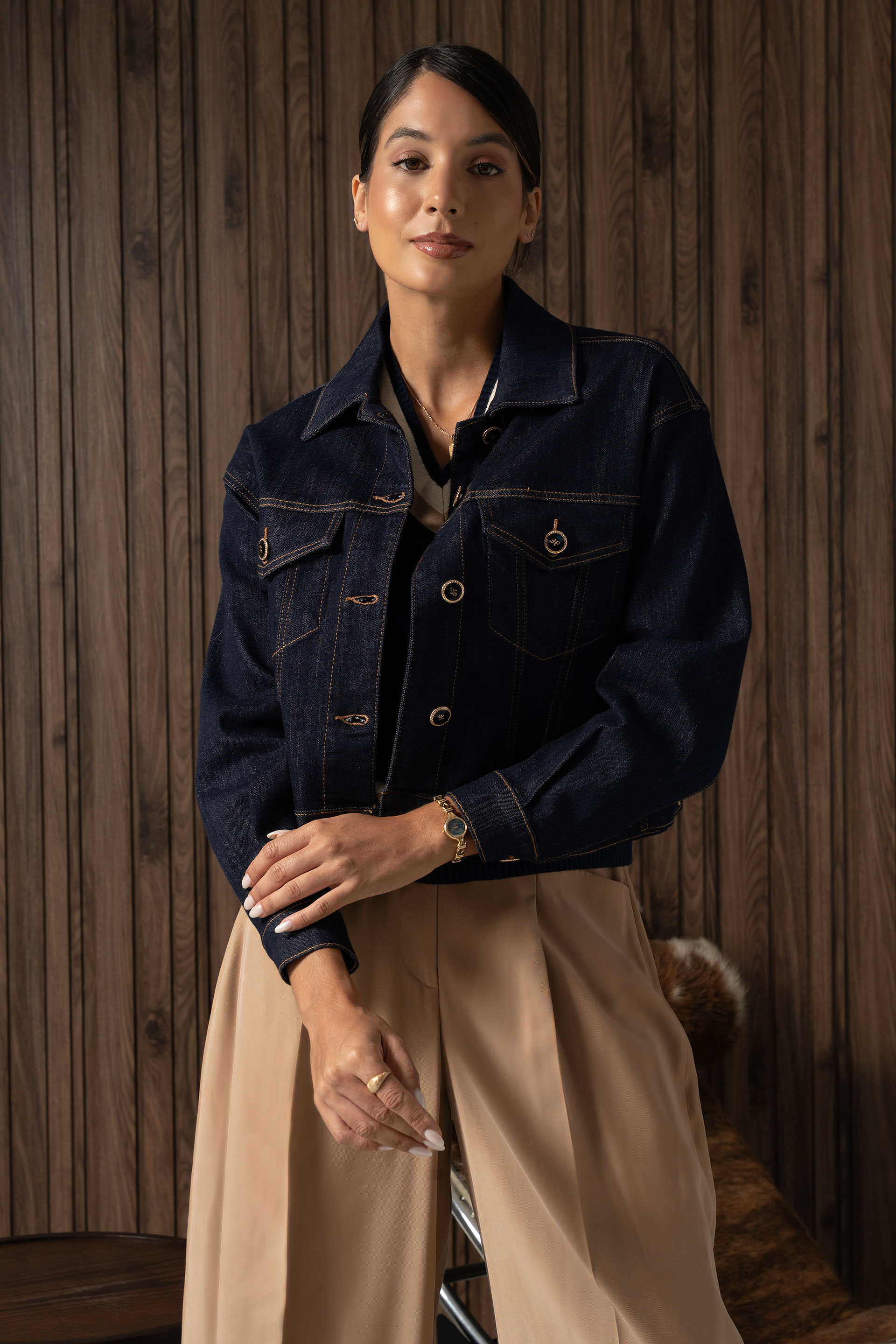 Cropped denim jacket with personalised buttons