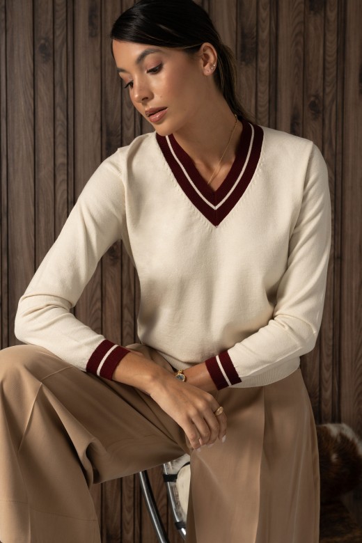 Camisola de malha com decote em v contrastante Camisola de malha com decote em v contrastante