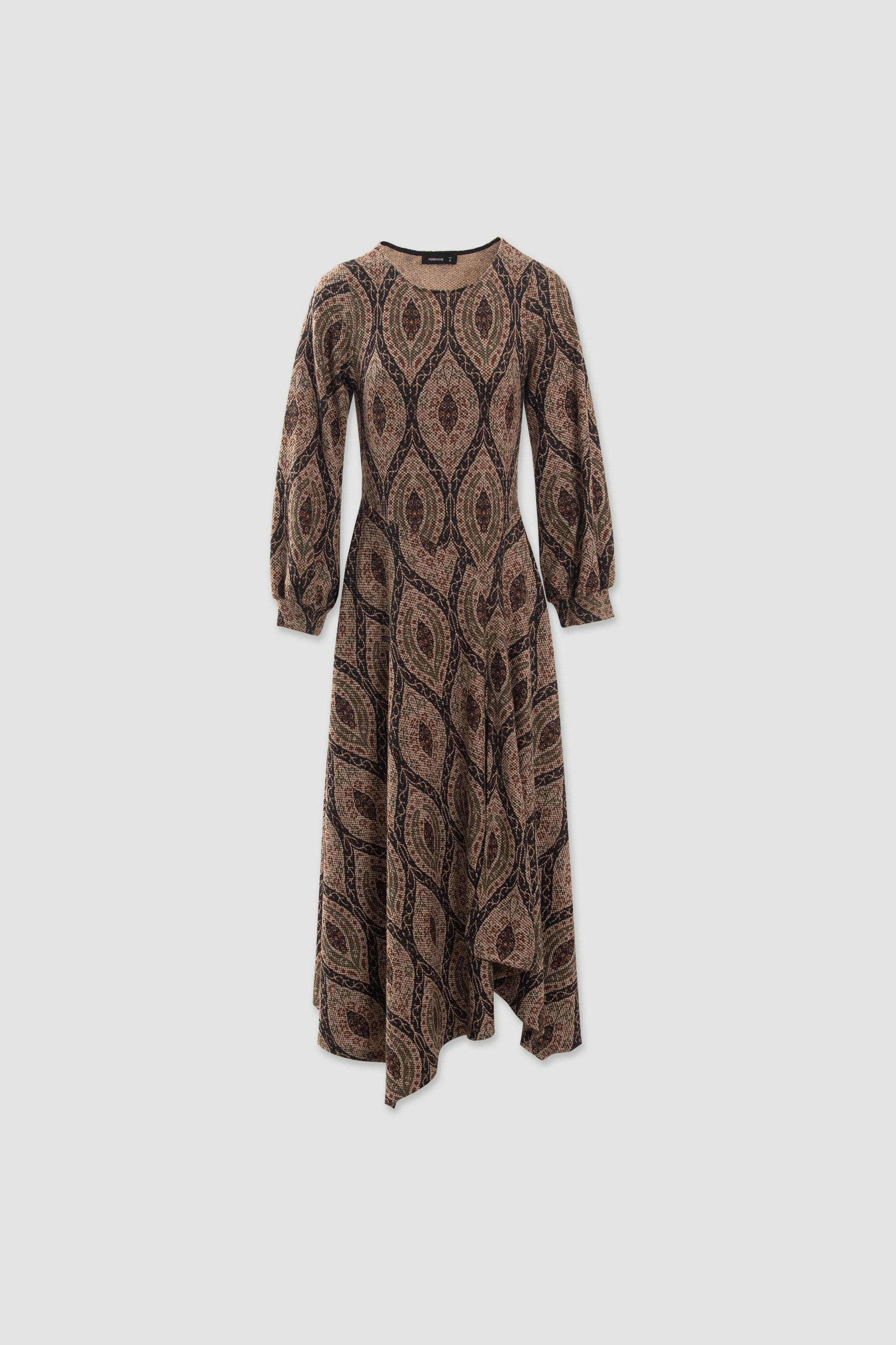 Vestido midi estampado com bainha assimétrica