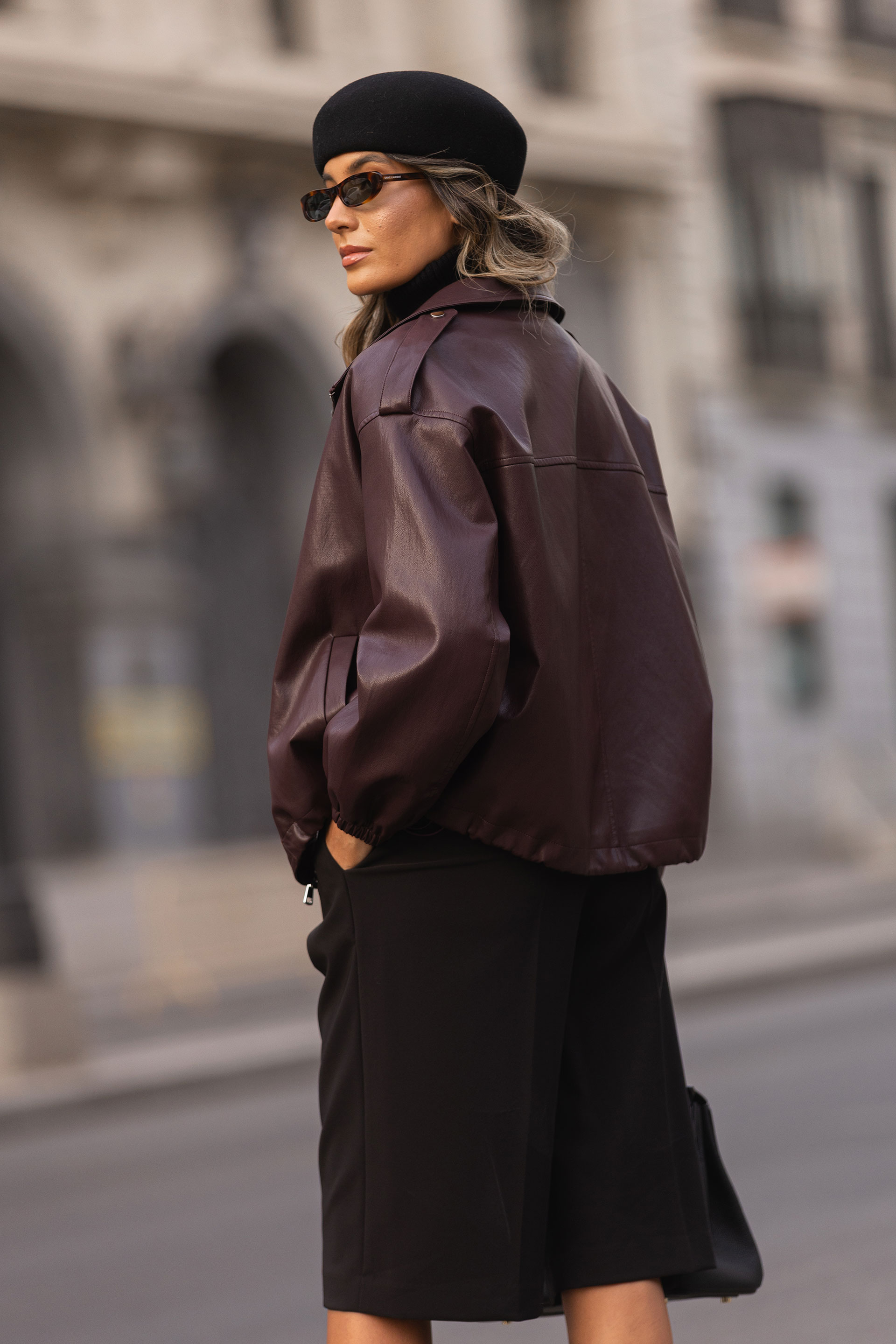 Faux leather jacket with front zip fastening